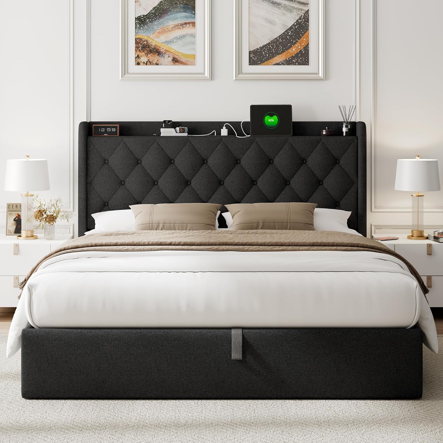 Feonase Full Size Bed Frame with Storage & Charging Station - Hydraulic Lift Up Platform Bed, Upholstered Button Tufted Headboard, Sturdy Wooden Slats, Noise-Free, No Box Spring Needed,Black