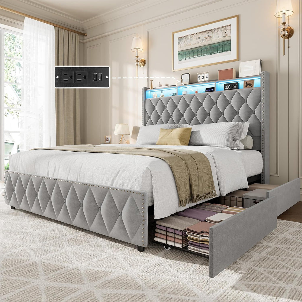 GarveeHome King Size Bed Frame with 50.8' Tall Headboard, Platform Velvet Upholstered Bed Frame with 4 Storage Drawers, USB Charging Station, Led Lights, No Box Spring Needed, Easy Assembly, Dark Grey