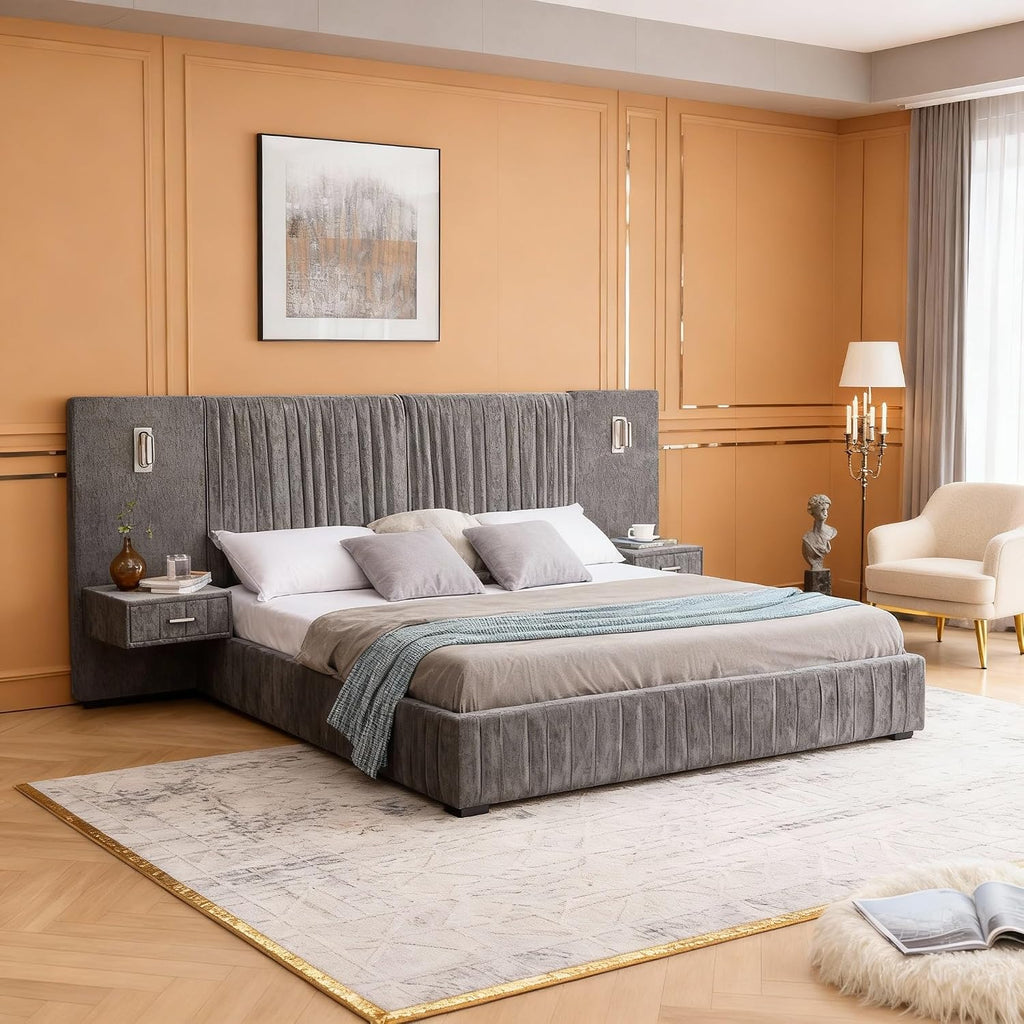 Upholstered King Size Bed Frame with Built-in Nightstands & Adjustable Lamps, No Box Spring Needed Platform Bed with Chenille Pleated Headboard, Sturdy Grounded Bedroom Set for Space-Saving