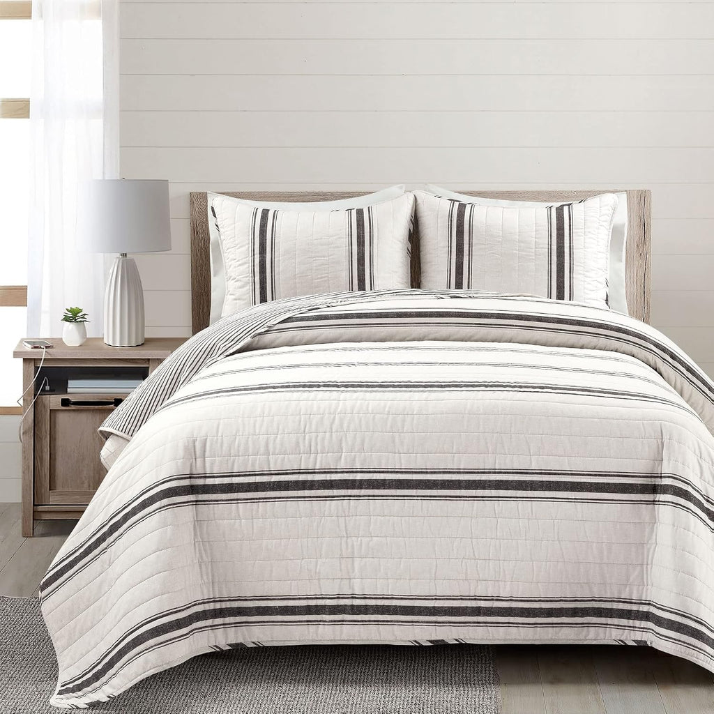 Lush Decor Farmhouse Stripe Reversible Cotton Quilt California King Size 3 Piece Set Black - Farmhouse Bedding Set - Cal King Quilt - Striped Bedding