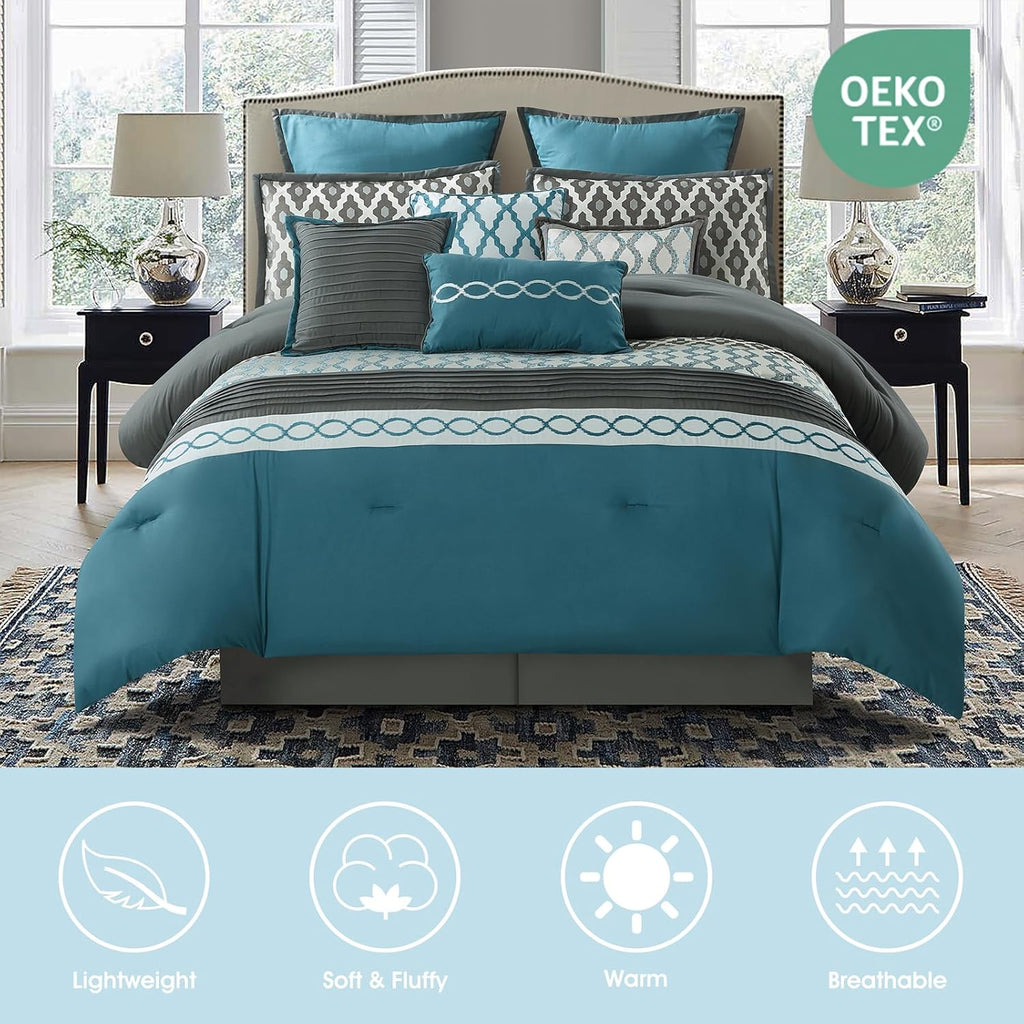 LANCO MODERN LIFESTYLE Oversized Comforter Set, Blue, 10 Piece Bed in a Bag for All Seasons, Luxury Extreme Comfort Bedding Sets with Bedskirt, Pillow Shams, Euro Shams and Decor Pillows