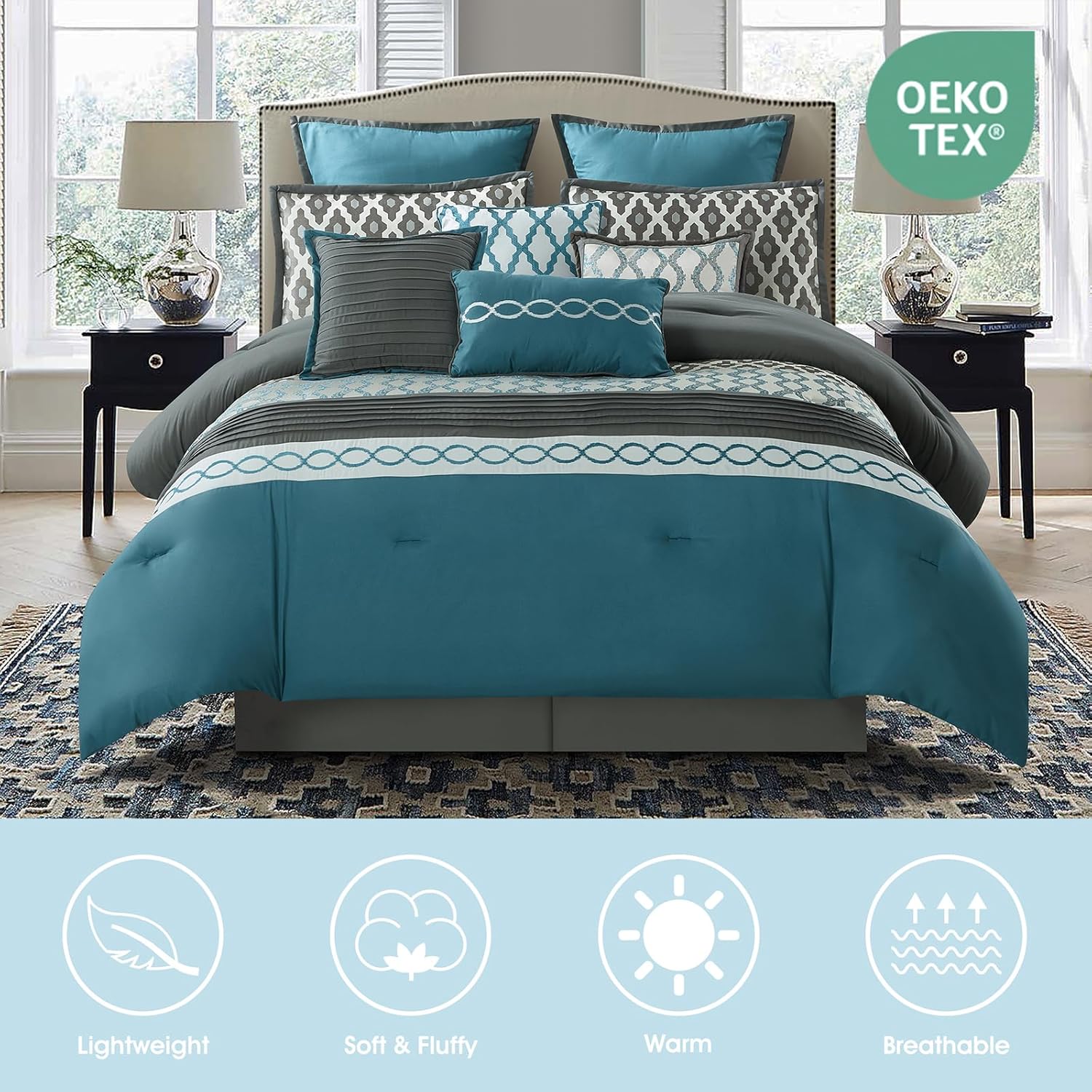 LANCO MODERN LIFESTYLE Oversized Comforter Set, Blue, 10 Piece Bed in a Bag for All Seasons, Luxury Extreme Comfort Bedding Sets with Bedskirt, Pillow Shams, Euro Shams and Decor Pillows