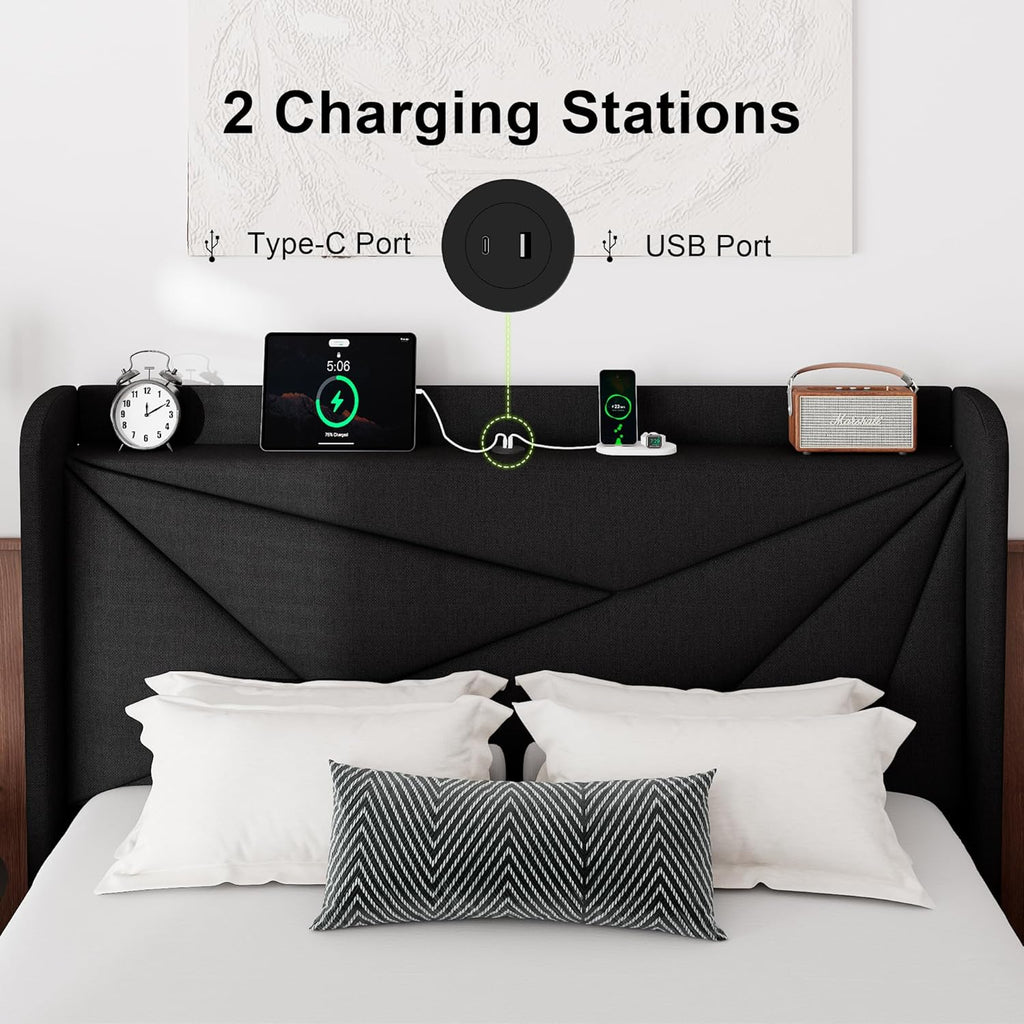 Feonase Queen Size Bed Frame with Charging Station, Linen Upholstered Platform Bed Frame with Wingback Storage Headboard, Solid Wood Slats Support, No Box Spring Needed, Noise Free, Black