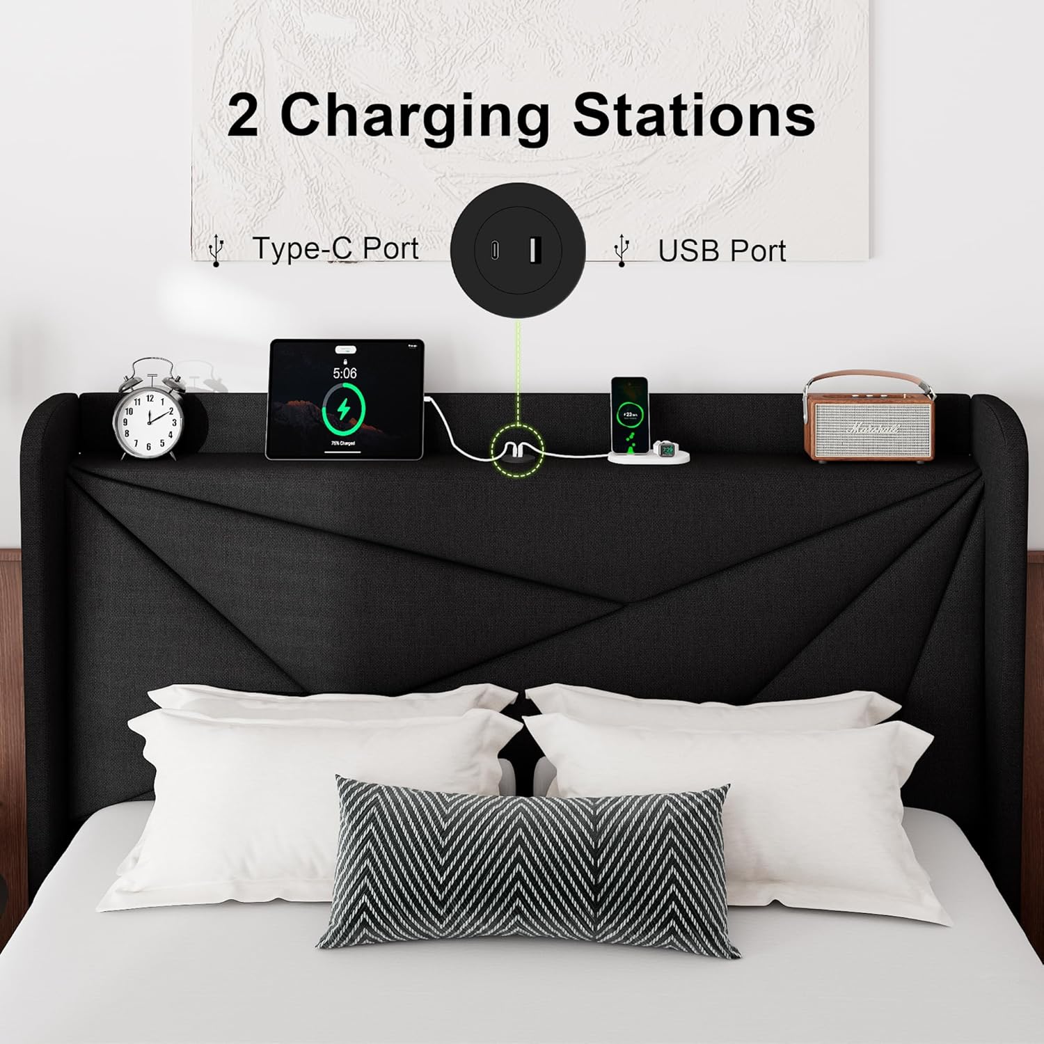 Feonase Queen Size Bed Frame with Charging Station, Linen Upholstered Platform Bed Frame with Wingback Storage Headboard, Solid Wood Slats Support, No Box Spring Needed, Noise Free, Black