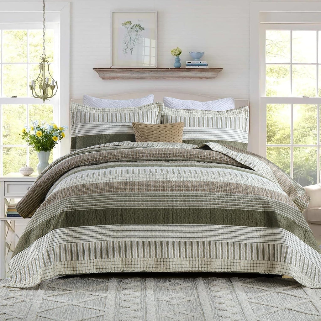 PANGUSHAN 100% Cotton Quilt Set King Size, Patchwork King Quilt Bedding Set Bedspreads, Farmhouse Lightweight Comforter Reversible Quilt, King Bed Spread for All Season, Green/Brown/Cream