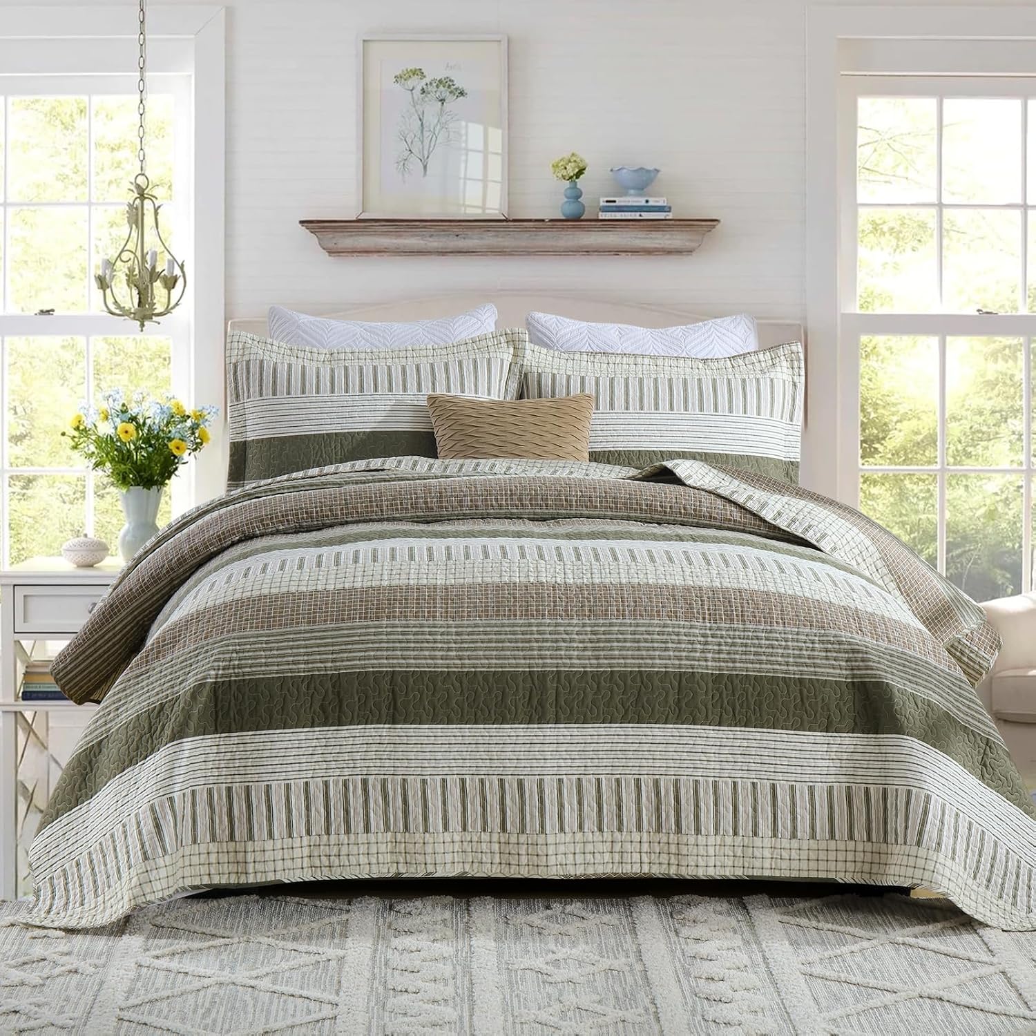 PANGUSHAN 100% Cotton Quilt Set King Size, Patchwork King Quilt Bedding Set Bedspreads, Farmhouse Lightweight Comforter Reversible Quilt, King Bed Spread for All Season, Green/Brown/Cream