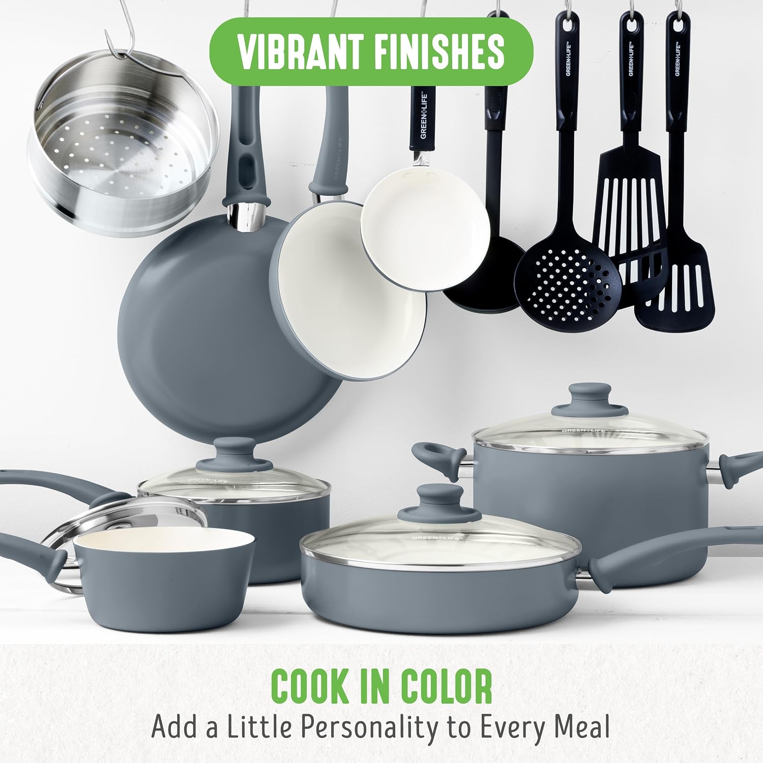 GreenLife Soft Grip Healthy Ceramic Nonstick 18 Piece Kitchen Cookware Pots and Frying Sauce Saute Pans Set, PFAS-Free with Kitchen Utensils and Lid, Dishwasher Safe, Gray
