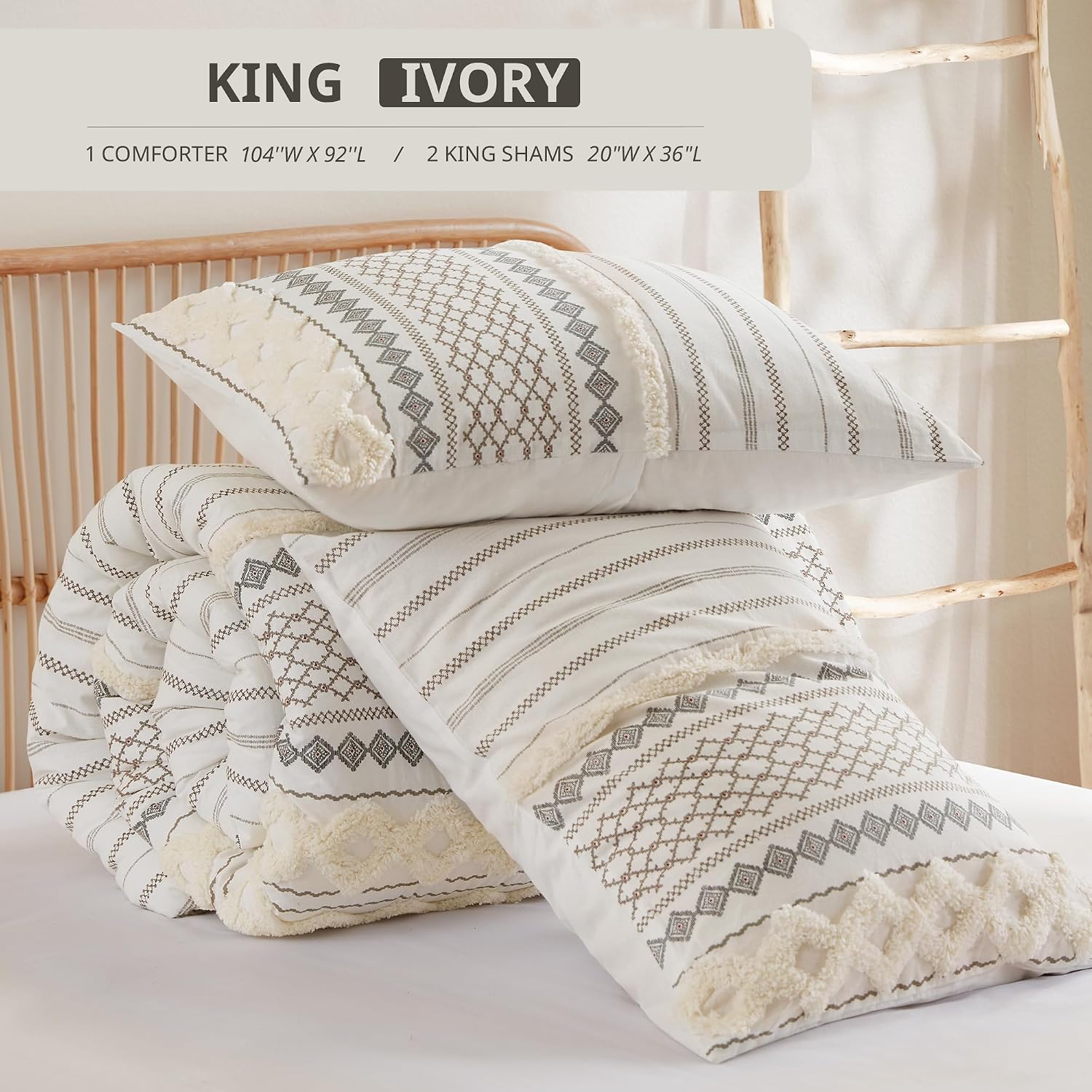 INK+IVY King Comforter Set, Boho Comforters, Breathable Cotton Bed Set, All Season Modern Chenille Tufted Comforter with Farmhouse Bedding Flare, Gifts for Women, Ivory 3 Piece