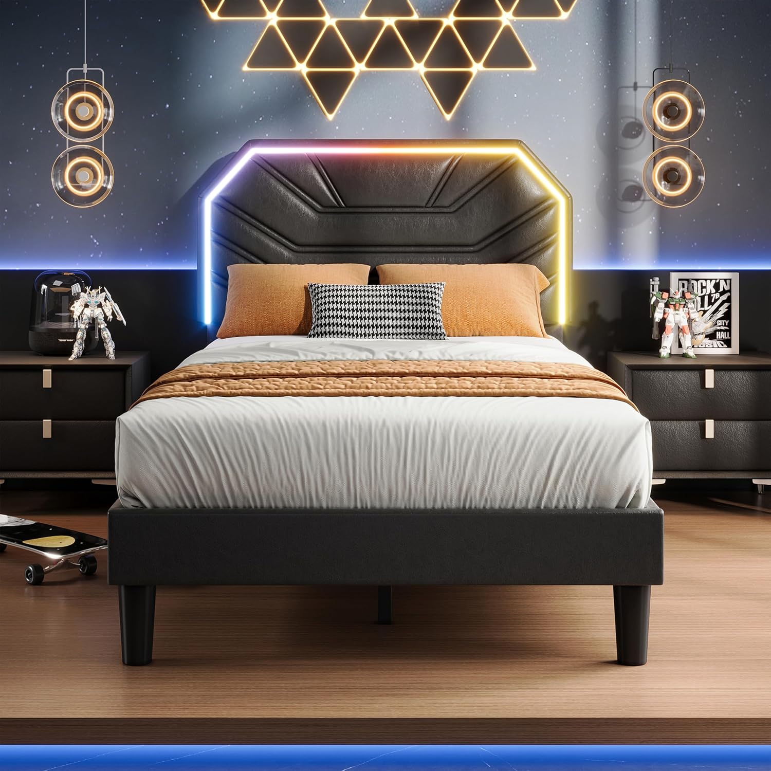 LIKIMIO Twin XL Bed Frames with LED Light Headboard, Upholstered Modern Cama Twin XL Platform Bed Frame with Heavy Duty Supports, No Box Spring Need, Noise Free, Easy Assembly, Black