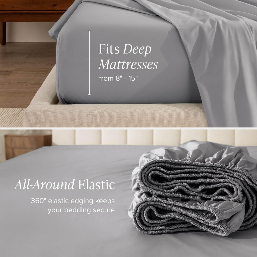 Bare Home 100% Organic Cotton Split King Sheet Set - Crisp Percale Weave - Lightweight & Breathable - Bedding Sheets & Pillowcases (Split King, Light Grey)