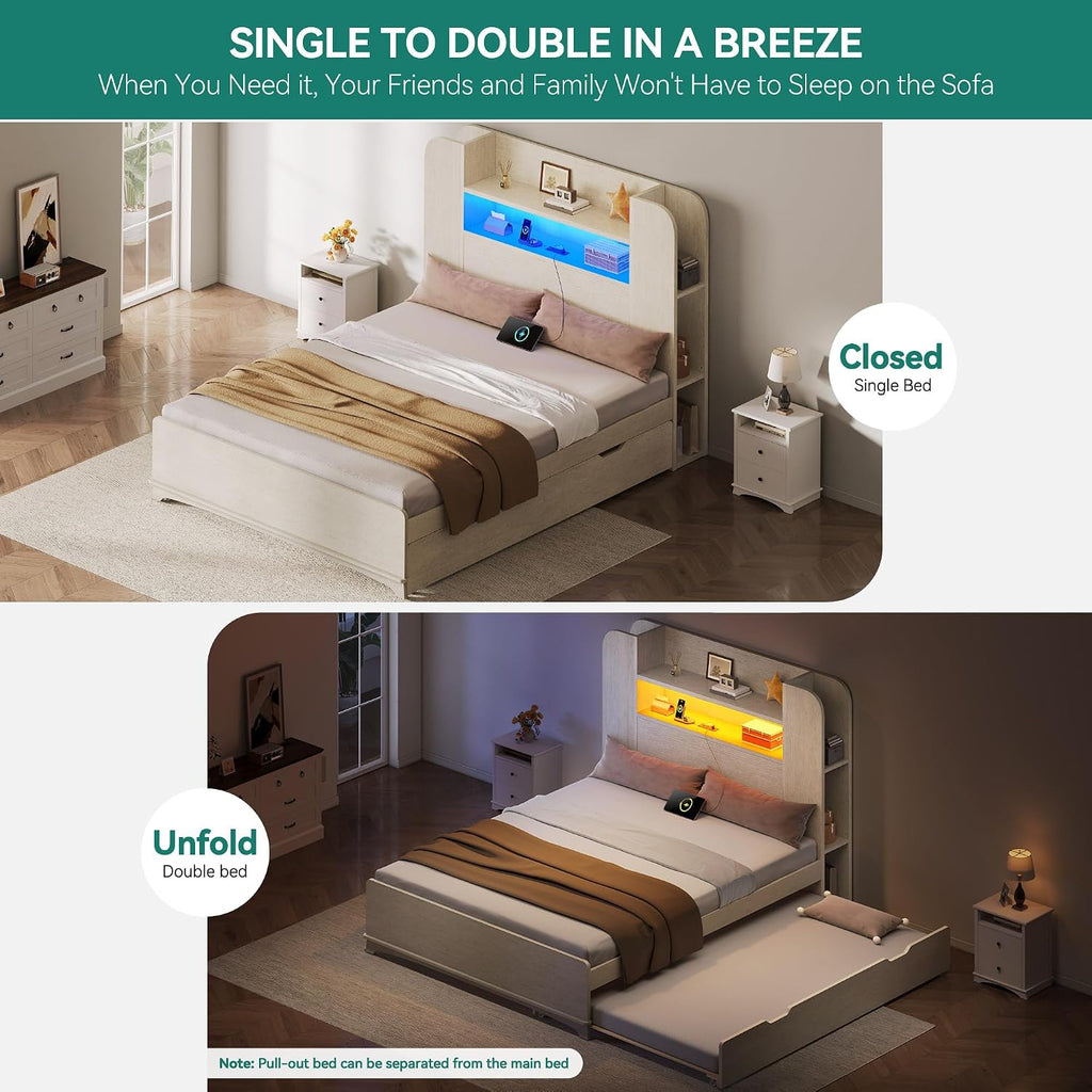 YITAHOME Bed with Trundle, Twin Size Bed Frame with Bookcase Daybed Storage Headboard and Charging Station, RGB LED Lights Bed with Wooden Support for Bedroom, No Box Spring Needed, Noise Free, White