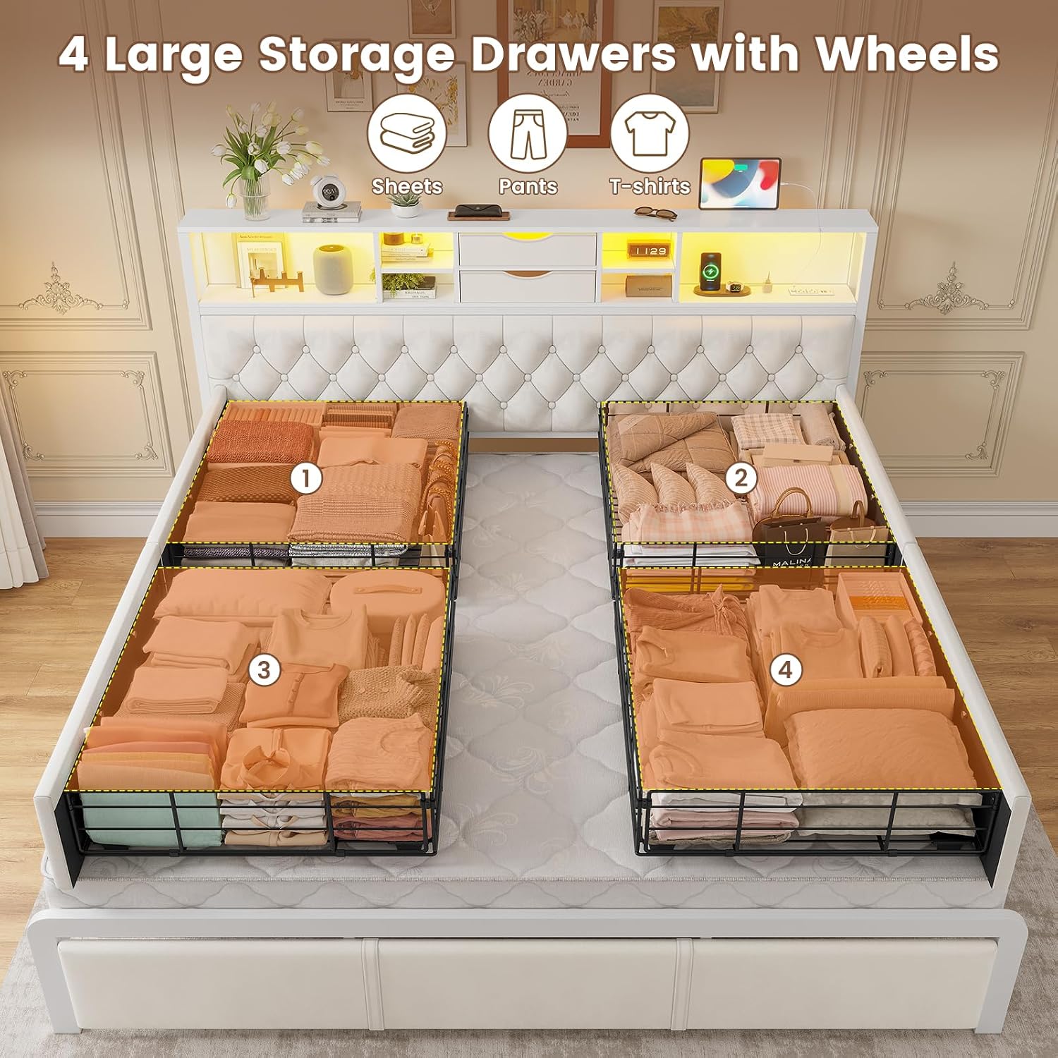 BTHFST King Size Bed Frame with 4 Storage Drawers and Headboard, Velvet Upholstered King Platform Bed with LED Lights & Charging Station, No Noise, No Box Spring Needed, Easy Assembly, Beige