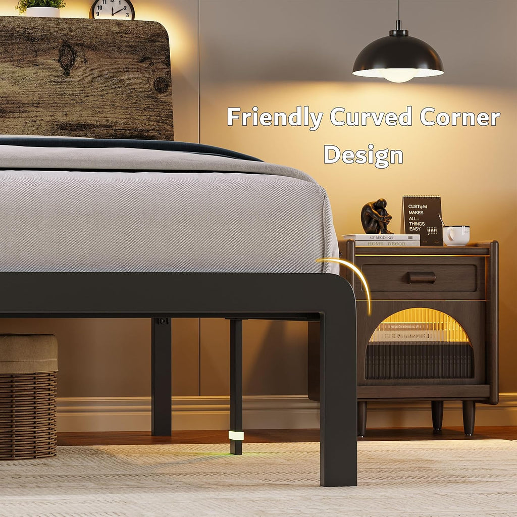 iPormis Queen Metal Bed Frame with LED Lights & Charging Station, Platform Bed with Ergonomic Storage Headboard, Steel Slats Supports, No Box Spring Needed, Noise-Free, Easy Assembly, Rustic