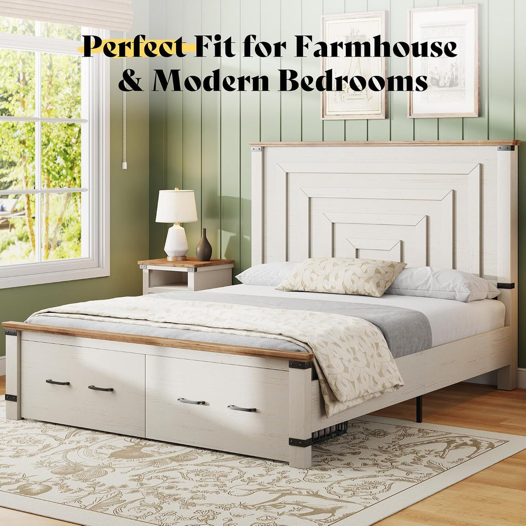 AMERLIFE Farmhouse Full Size Bed Frame with 54' Tall Geometric Headboard & Footboard, Rustic Wood Platform Bed Frame with Large Storage Drawers, Wood Slats Support, No Box Spring Needed, Rustic White