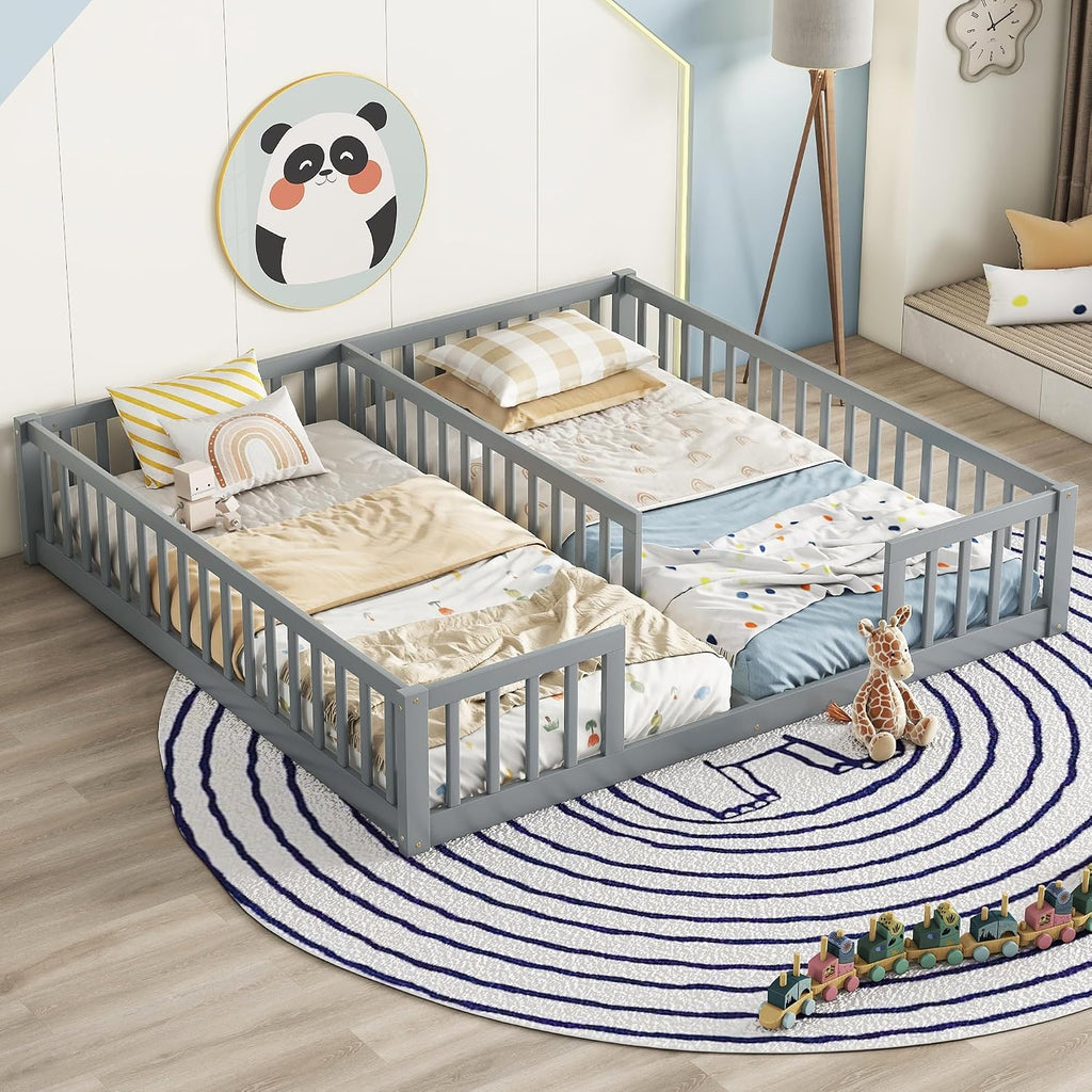 Double Floor Bed for Twins,Two Shared Beds,Twin Size Floor Bed for 2 Kids,Double Twin Bed with Guardrails for Girls,Boys,Gray