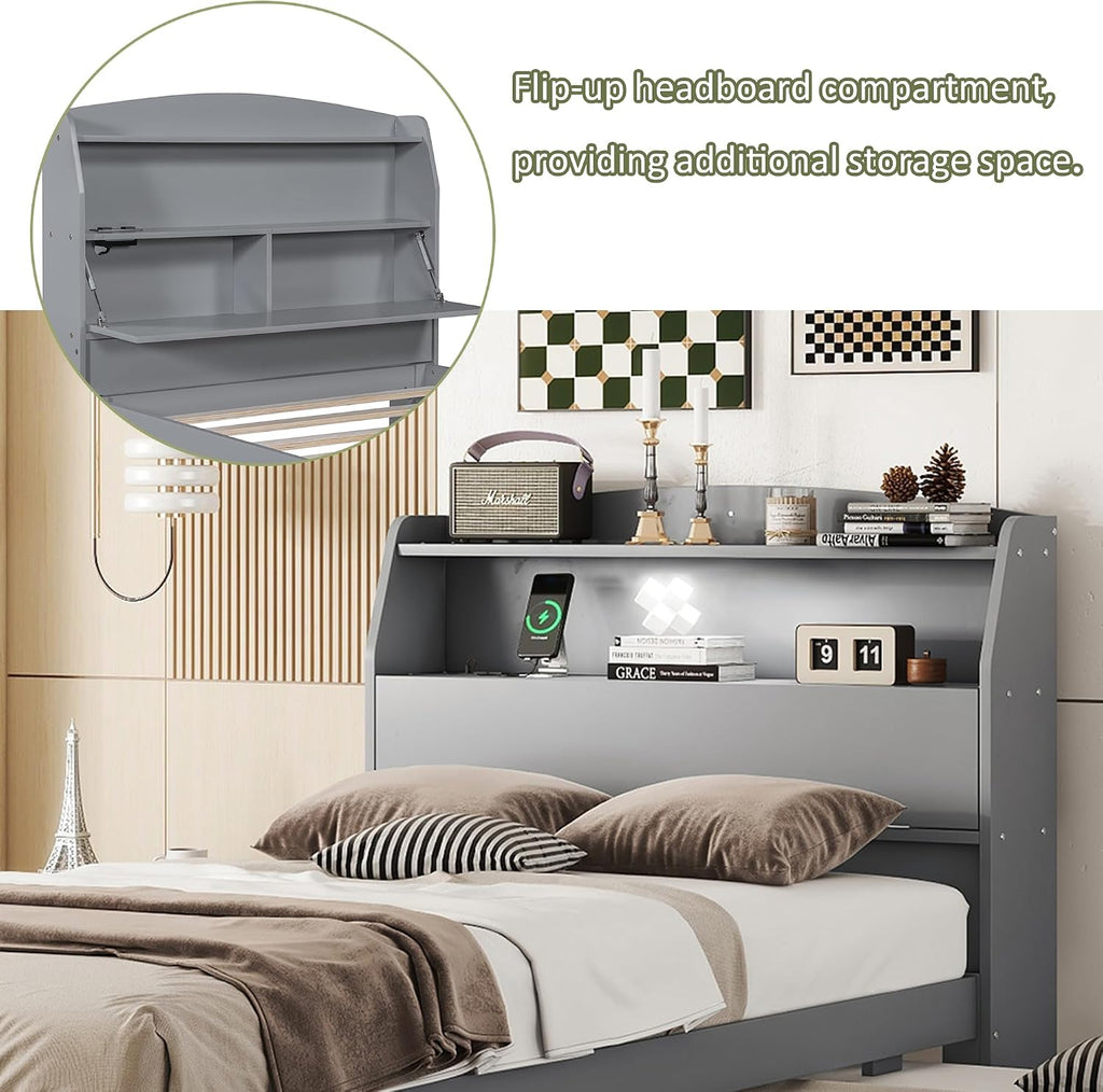 Bellemave Twin Size Wooden Platform Bed with Trundle & LED Storage Headboard - 3 Drawers, Wood Twin Captain Bed with USB Outlets and Hidden Flip-Up Compartment for Kids Teens Boys Girls (Gray)