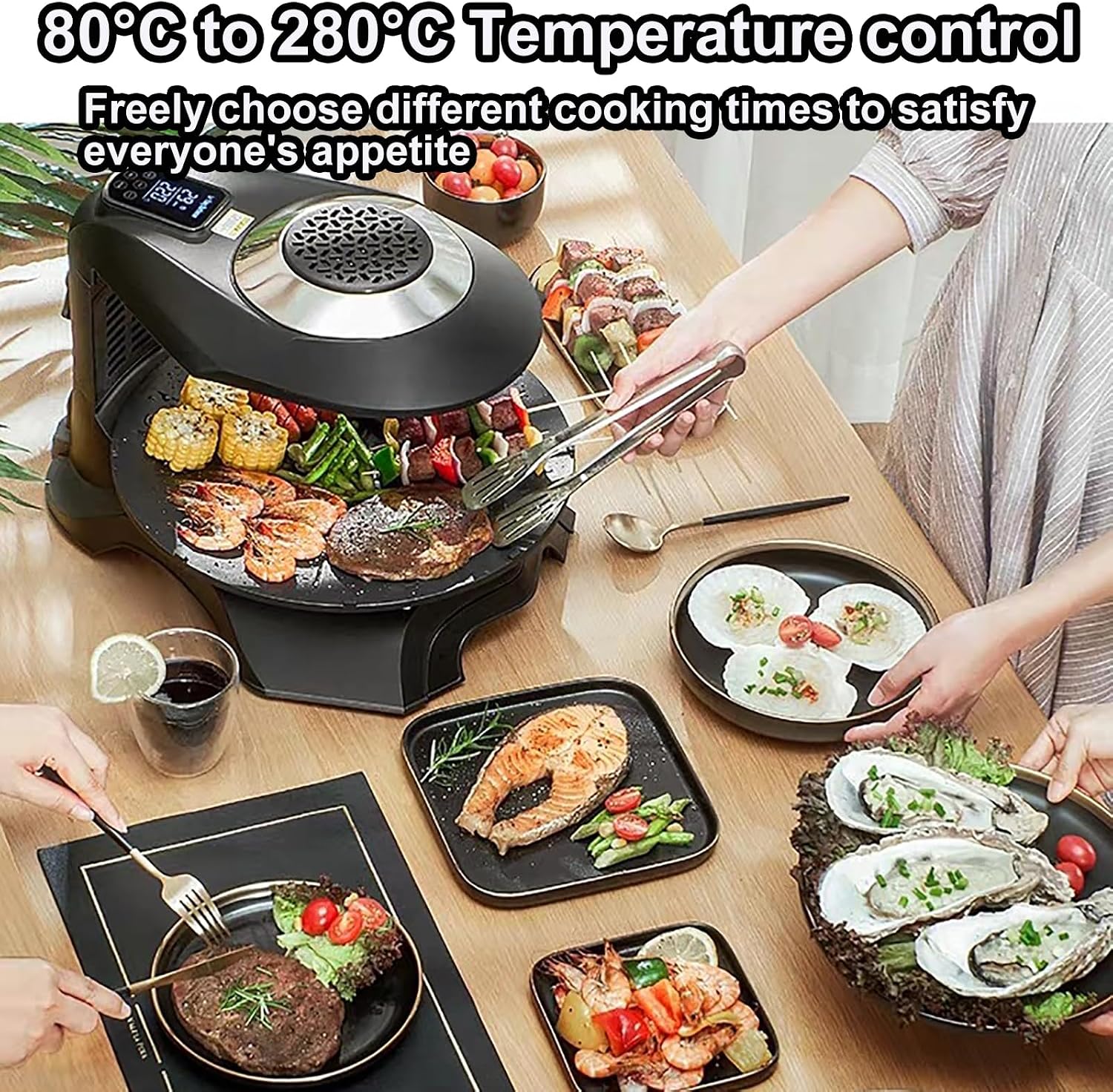 Electric Griddle with Removable Temperature Control，Electric Smokeless Indoor Grill Machine, 80-280°C Adjustable, 360° Automatic Rotation, Non-Stick, 1~80 Minutes, for Home, Dining Room