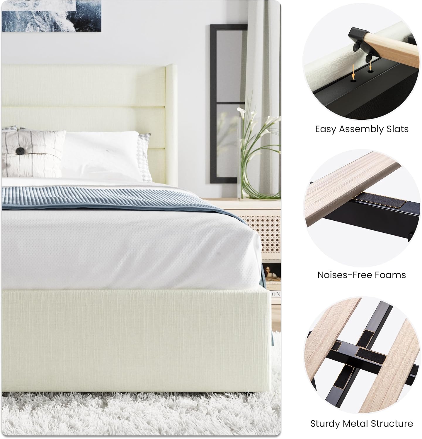 SHA CERLIN Full Size Lift Up Storage Bed/Chenille Fabric Upholstered/Modern Wingback Headboard/Platform Bed Frame/Hydraulic Storage/No Box Spring Needed/Wood Slats Support/Cream