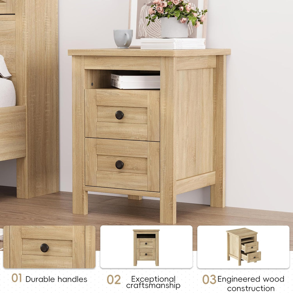 LUMISOL 3 Pieces Bedroom Sets,Farmhouse Platform Bed with Storage Nightstand and Dresser, Full Size Bed Frame with Storage Headboard and Charging Station, Natural