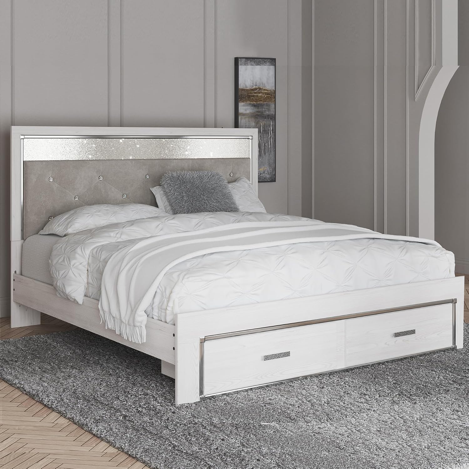 Signature Design by Ashley Altyra Contemporary Adjustable Tufted King Upholstered Storage Platform Bed with LED Lights and 2 Drawers, Foundation or Box Spring Not Needed, White & Gray