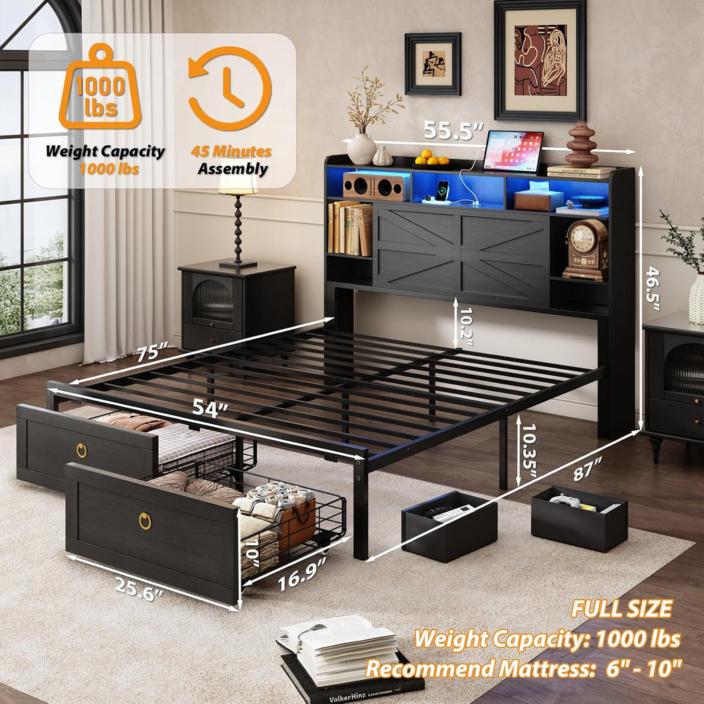TIGUBFRE Full Bed Frame with Storage Headboard, Farmhouse Wood Bed Frame Full Size with 4 Drawers, LED Light & Charging Station, Metal Slats Support, Noise Free, No Box Spring Needed, Rustic Black