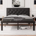 Feonase Full Size Metal Bed Frame with Faux Leather Button Tufted Headboard, Heavy-Duty Platform Bed Frame with 12' Storage, Steel Slats Support, No Box Spring Needed, Noise Free, Black