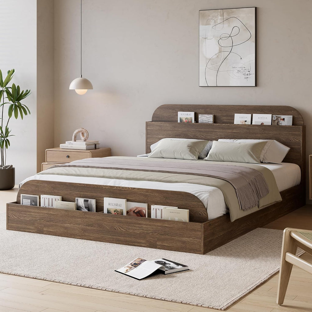 GarveeHome Full Size Bed Frame, Wooden Beds with Storage Headboard and Raised-Foodboard, Full-Floor Low Platform Bed for Bedroom, Sturdy Wooden Slats Support, No Box Spring Needed, Walnut