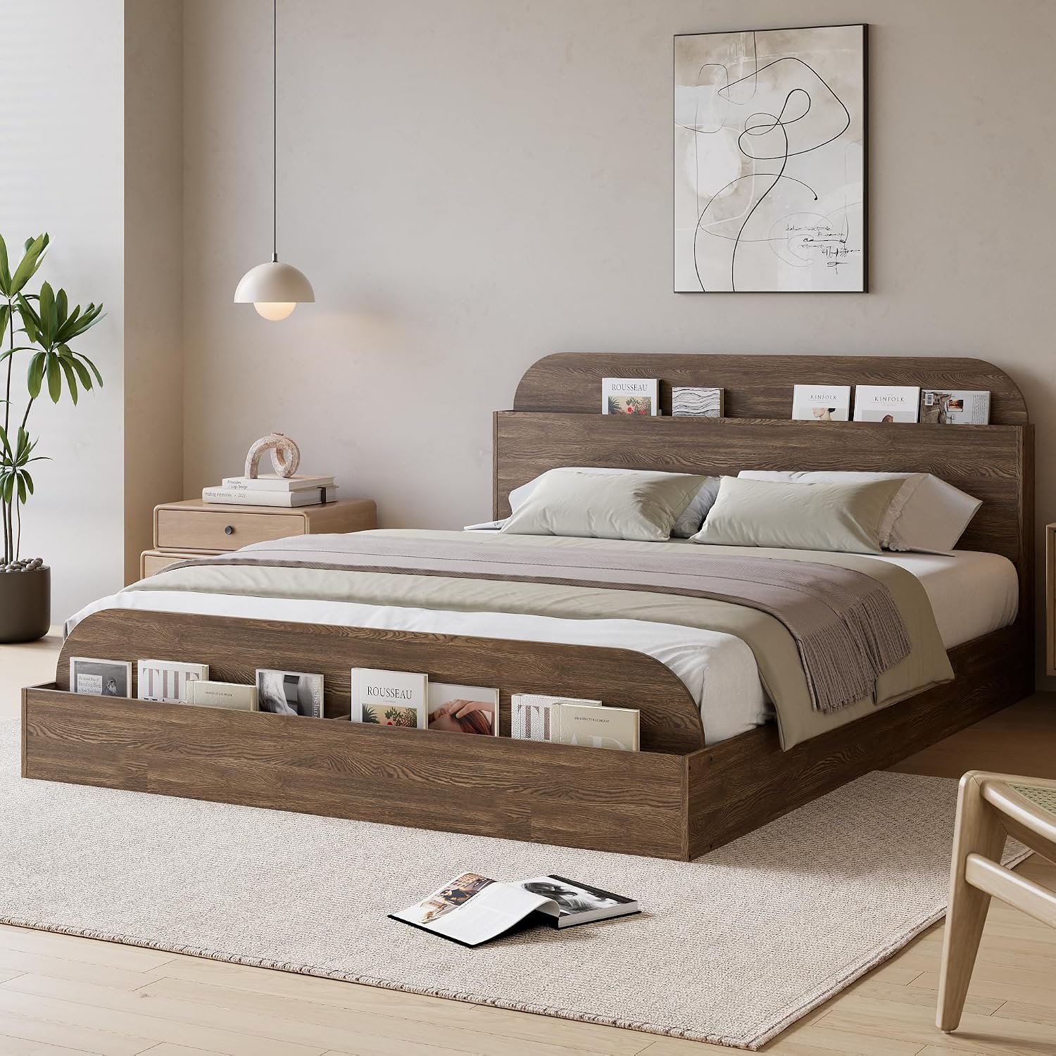 GarveeHome Queen Size Bed Frame, Wooden Beds with Storage Headboard and Raised-Foodboard, Queen-Floor Low Platform Bed for Bedroom, Sturdy Wooden Slats Support, No Box Spring Needed, Walnut