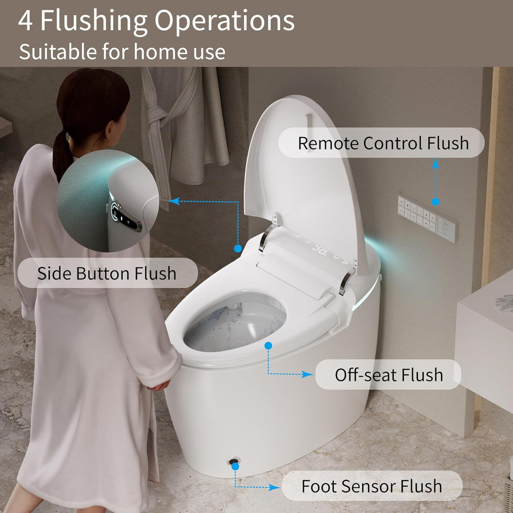 Smart Toilet, Auto Open/Close, Auto Flushing Bidet Toilet, Warm Water Sprayer and Dryer, Heated Seat, Elongated Egg Shape Tankless Toilet, 12'' Rough-in