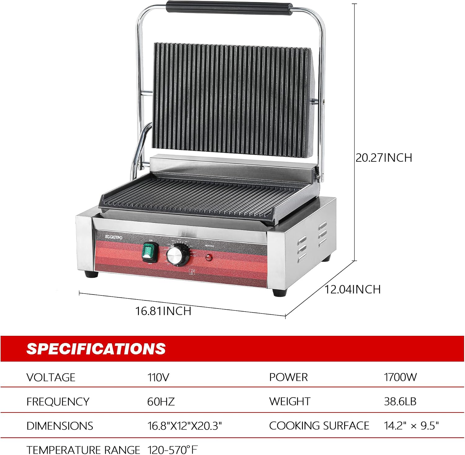 EGGKITPO Commercial Panini Press Grill with Grooved Plates Electric Sandwich Maker with Adjustable Temp Control 110V 1700W 14'×9.5' Ribbed Enamel Plates for Breakfast and Hamburger in Home Kitchen