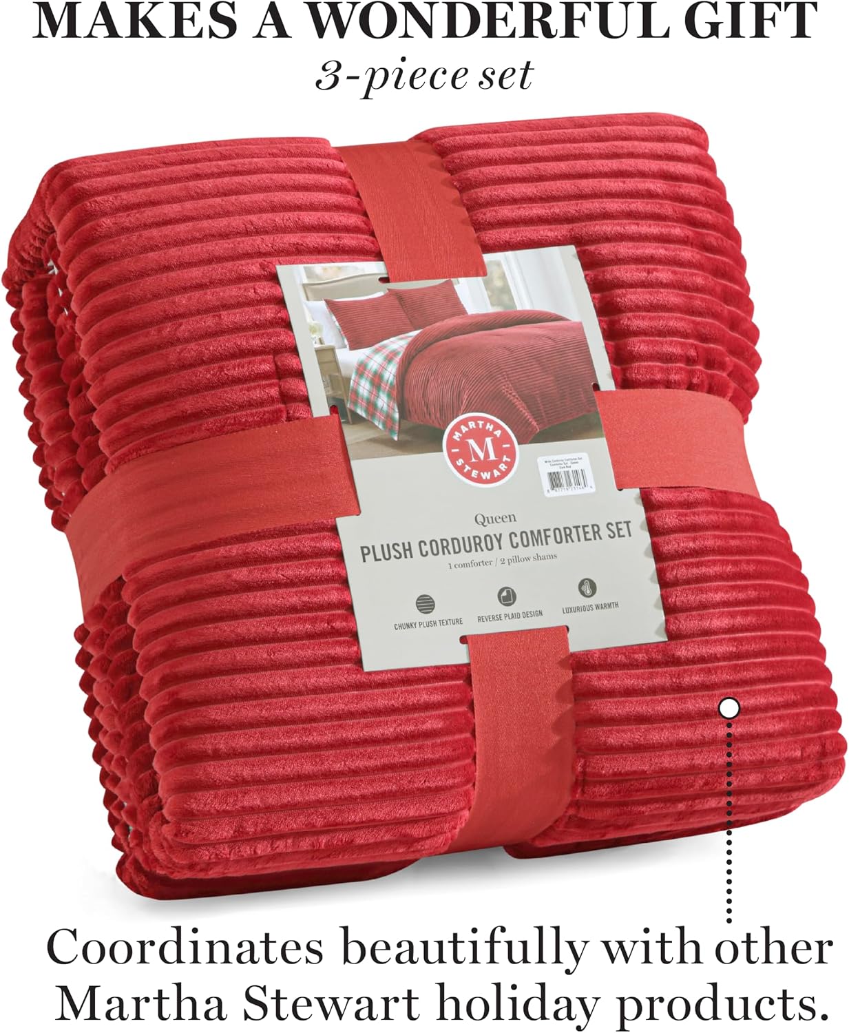 Martha Stewart - King Comforter Set in Red, Reversible, Cute, Wide Corduroy Plaid Bedding Set - 3 Pieces - All Seasons, Lightweight, Fluffy with 1 Comforter, 2 Pillow Shams,