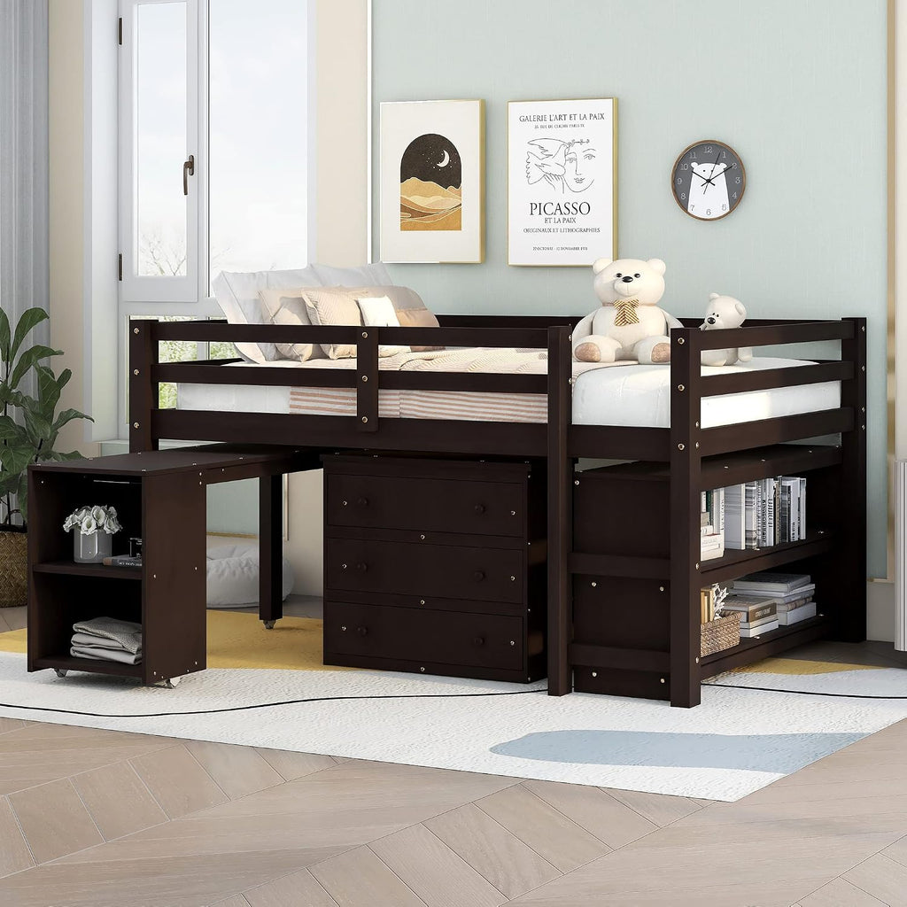 Low Loft Bed Loft Bed with Drawers and Storage Cabinet, Solid Wood Loft Bed with Desk and Shelves for Kids Teens Adults, No Box Spring Needed, Space Saving, Full Size, Espresso