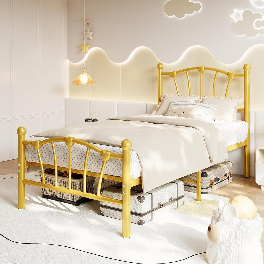 GarveeHome Twin Size Bed Frame, Heart Shaped Metal Bed Frame with Headboard and Footboard, Platform Bed Frame with Sturdy Slat Support, Underbed Storage Space, No Box Spring Needed, Gold