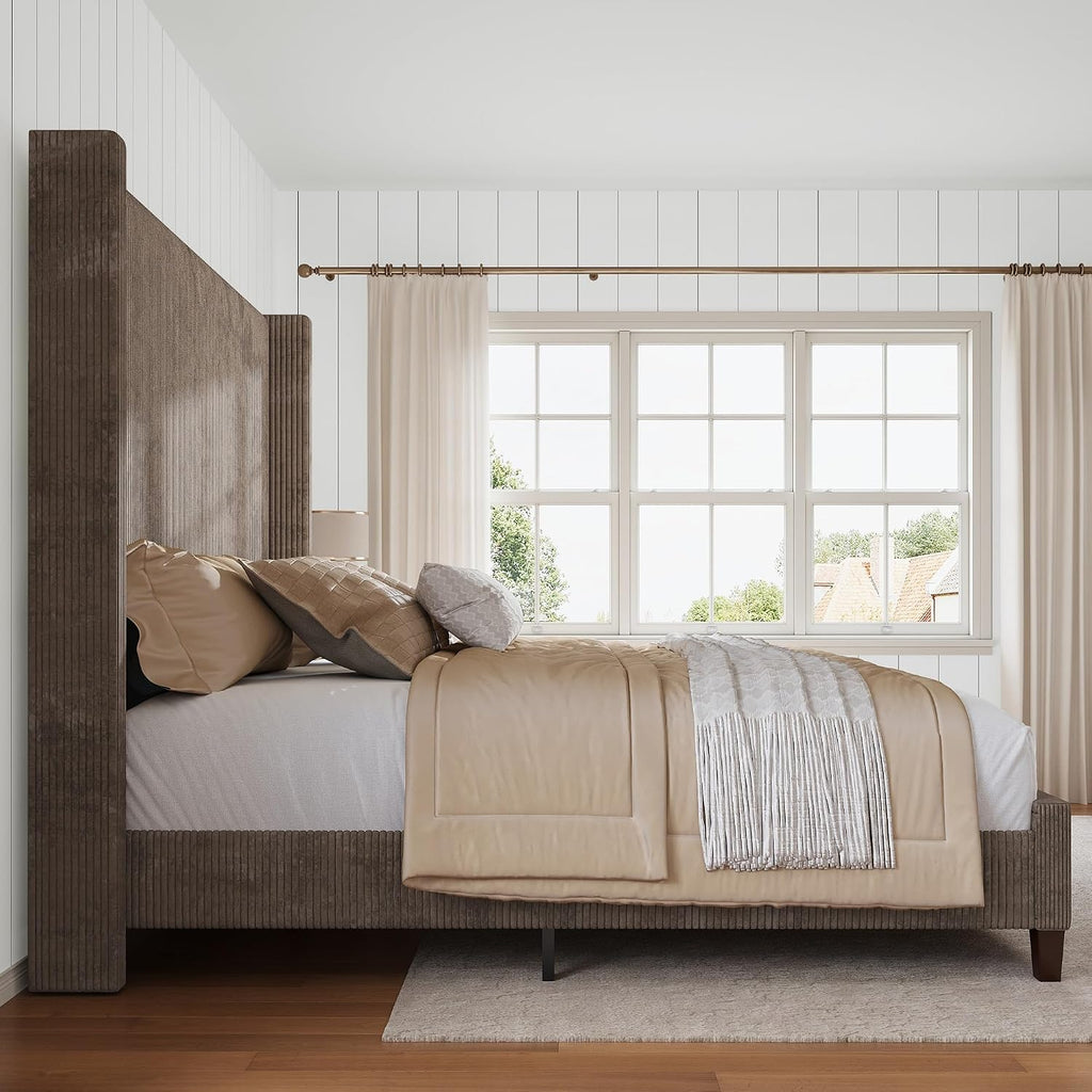 HOWE King Size Bed Frame with 61.4' Extra Tall Headboard, Corduroy Upholstered Bed with Vertical Wingback Headboard, No Box Spring Needed/Noise Free/Solid Wood Slats & Legs/Brown