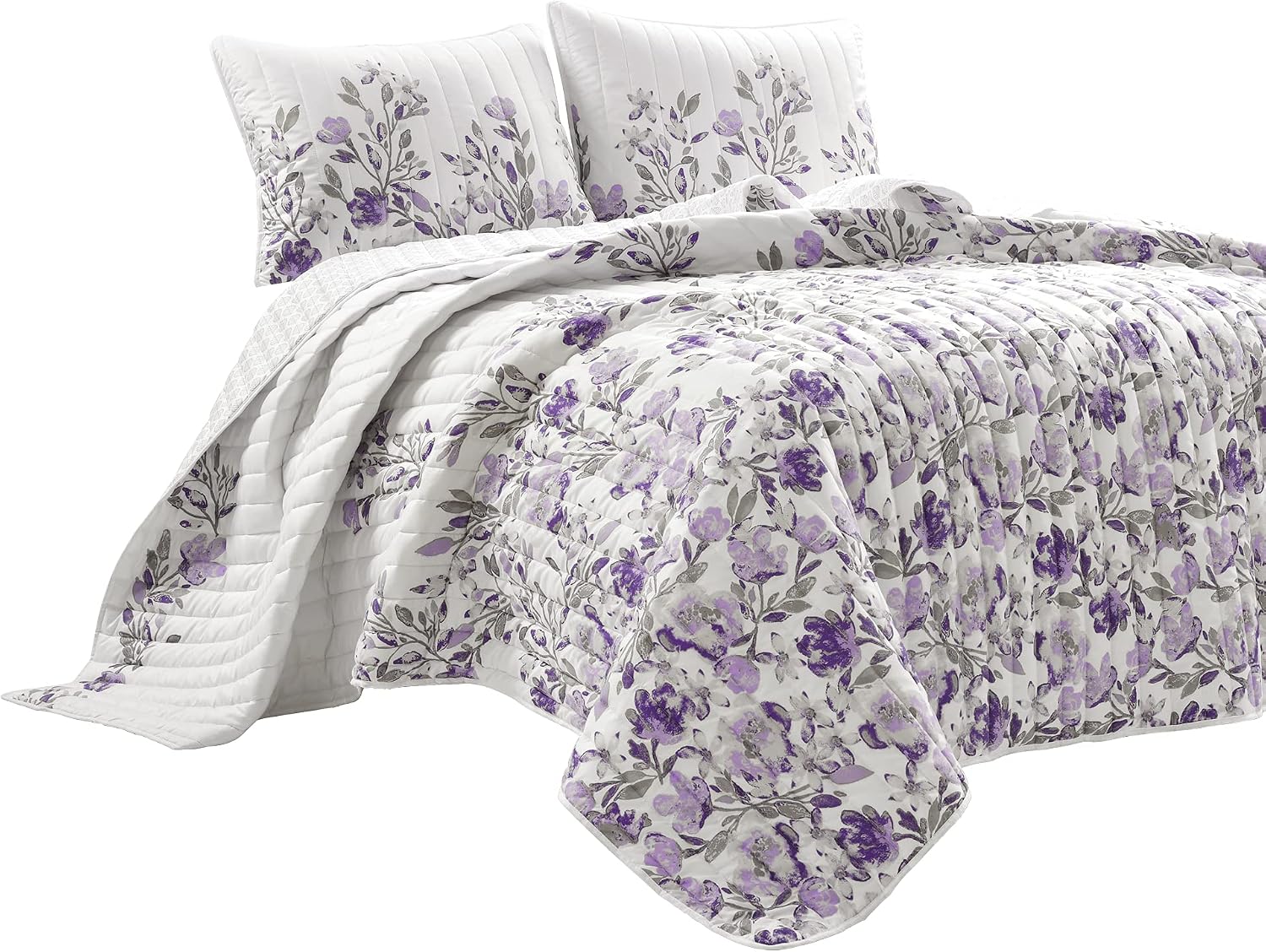 Lush Decor Tanisha Reversible Floral Quilt Set, 5 Piece Set, King, Gray & Purple - Elegant Floral Bedding Set - Purple Lavender Quilt - Beautiful Flower Print - Modern Farmhouse & Cottage Home Decor