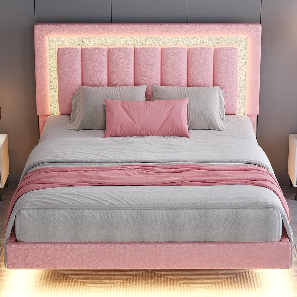 HOMBCK Floating Bed Frame Full with Smart LED Lights, Faux Leather Upholstered Platform Bed with Diamond PU Headboard, No Box Spring Needed, Noise-Free, Easy Assembly, Pink