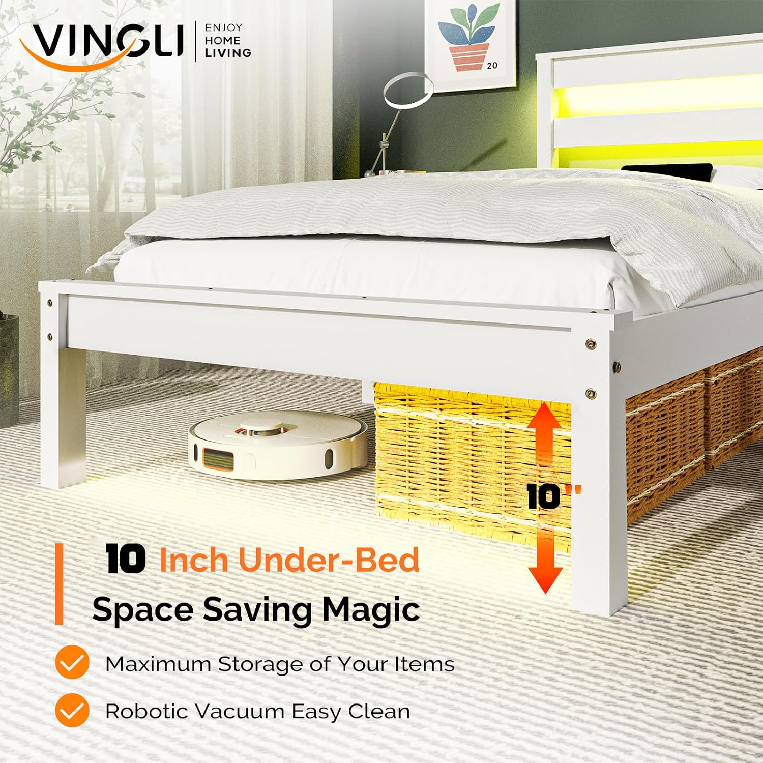 VINGLI Solid Wood Twin Bed Frame with LED Lights & USB Charging, Platform Bed with Storage Headboard Shelf, No Box Spring Needed, Noise-Free, Easy Assembly,White