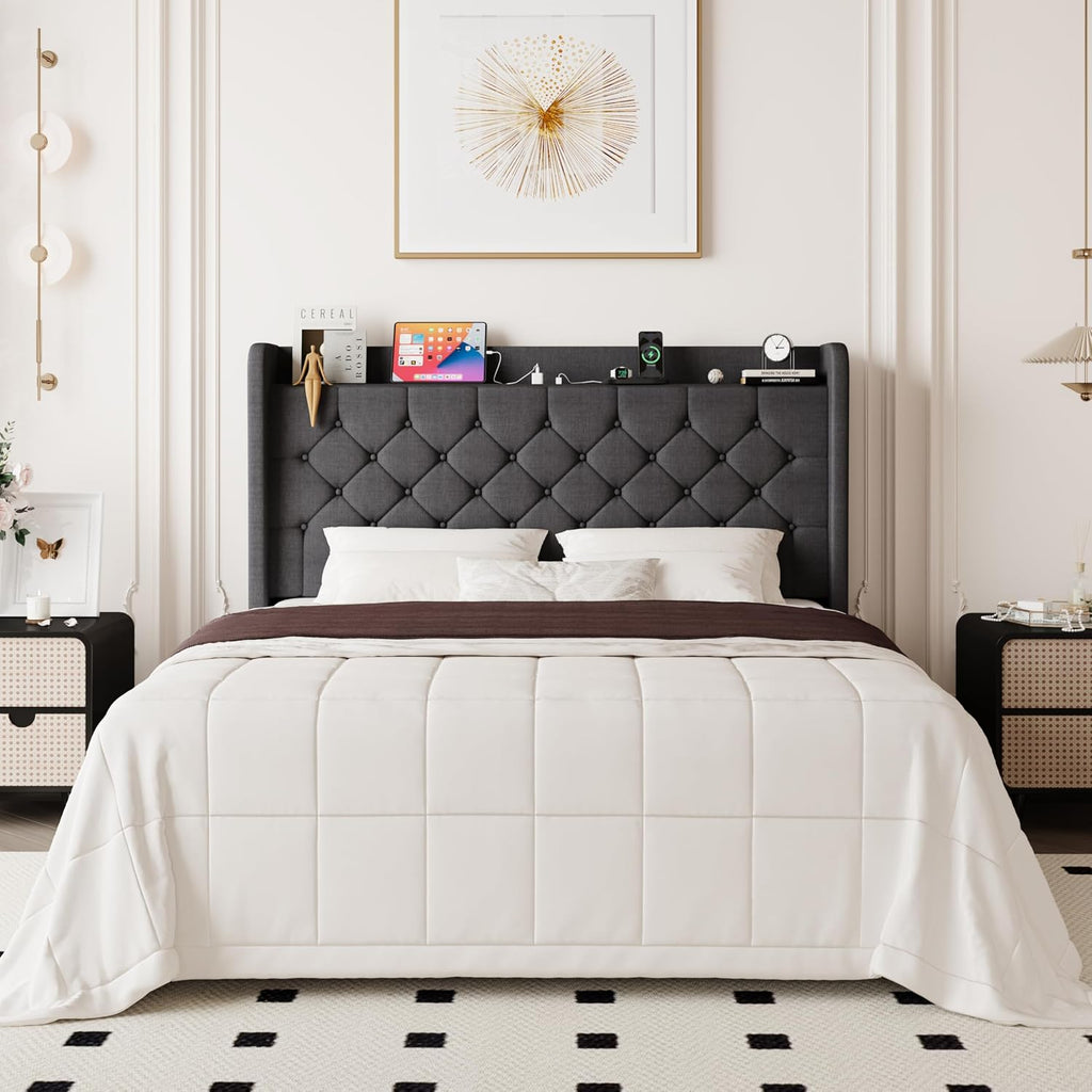 Allewie Full Size Bed Frame, Storage Headboard with Charging Station, Wingback Linen Upholstered, Diamond Stitched Button Tufted, Sturdy Wooden Slats, No Box Spring Needed, Easy Assembly, Dark Grey