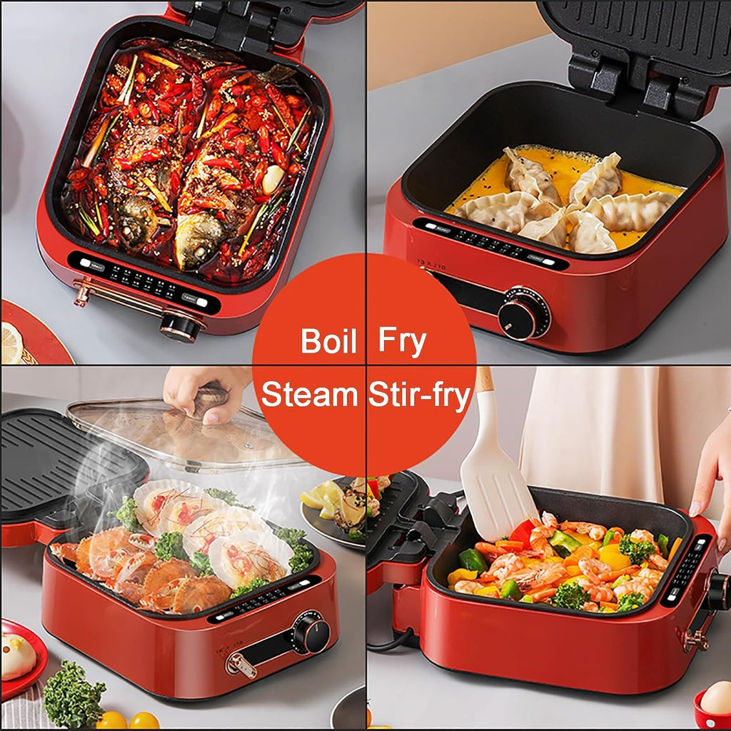 Electric Baking Pan, Smokeless Indoor Electric Frying Pans, 1800W Multifunctional Nonstick Coating Electric Grill Pan, for Hotpot BBQ(Green)