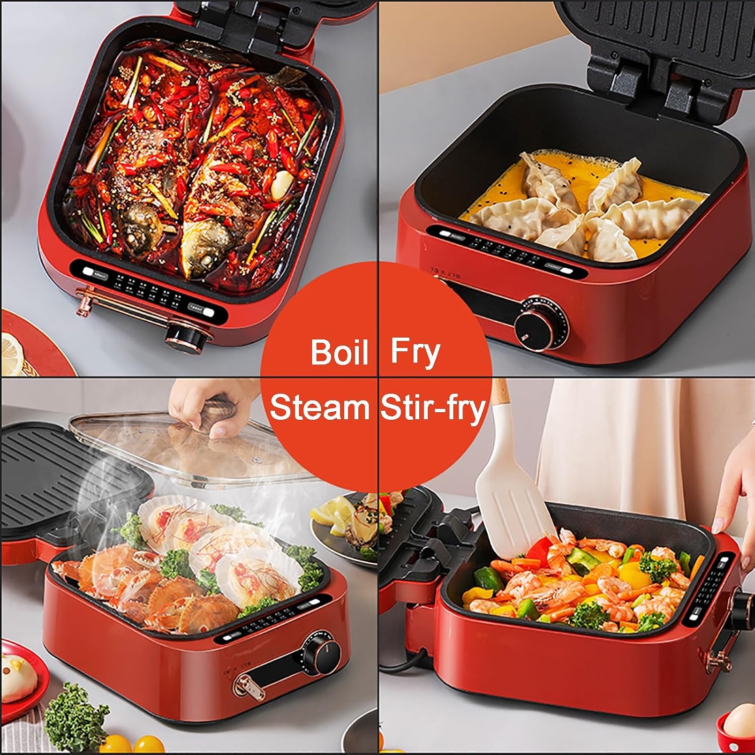 Electric Skillet with Lid, 1800W Multifunctional Nonstick Coating Electric Grill Pan, for Hotpot BBQ (Red)