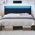 King Size Bed Frame with Headboard, Modern Metal Bed Frame with LED Lights & Charging Station, PU Leather Upholstered Headboard, All Metal Slats Support, No Boxing Spring Needed, Noise Free, Black