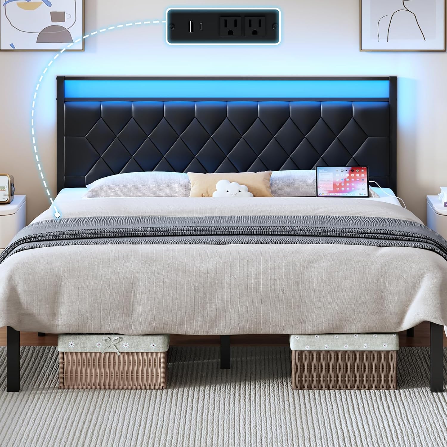 King Size Bed Frame with Headboard, Modern Metal Bed Frame with LED Lights & Charging Station, PU Leather Upholstered Headboard, All Metal Slats Support, No Boxing Spring Needed, Noise Free, Black