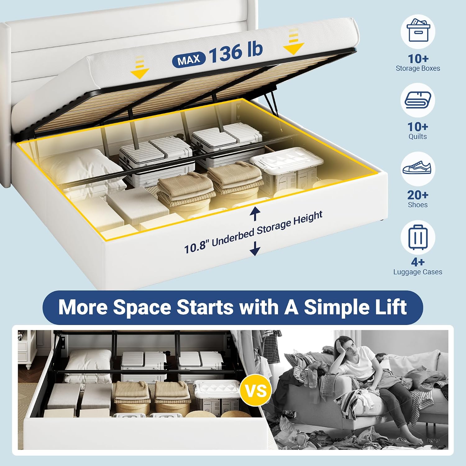 Allewie King Size Velvet Lift Up Storage Bed, Modern Wingback Headboard, Hydraulic Support, No Box Spring Needed, White