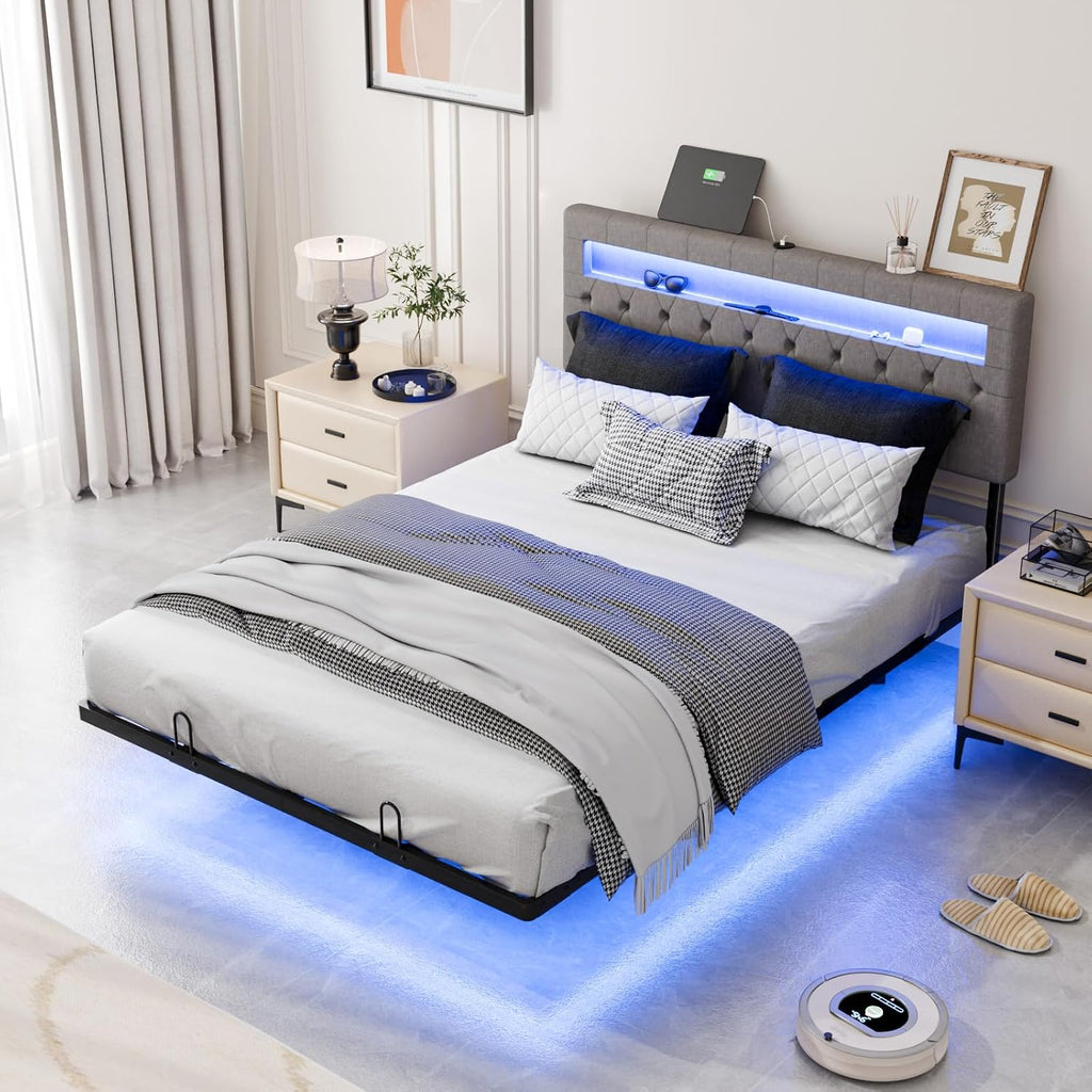 VINGLI Full Size Floating Bed Frame with Charging Station,Modern Metal Full Bed with led Lights,Easy Assembly,No Box Spring Needed,Adjustable Headboard,Upholstered Bed Frame for Adults, Kids