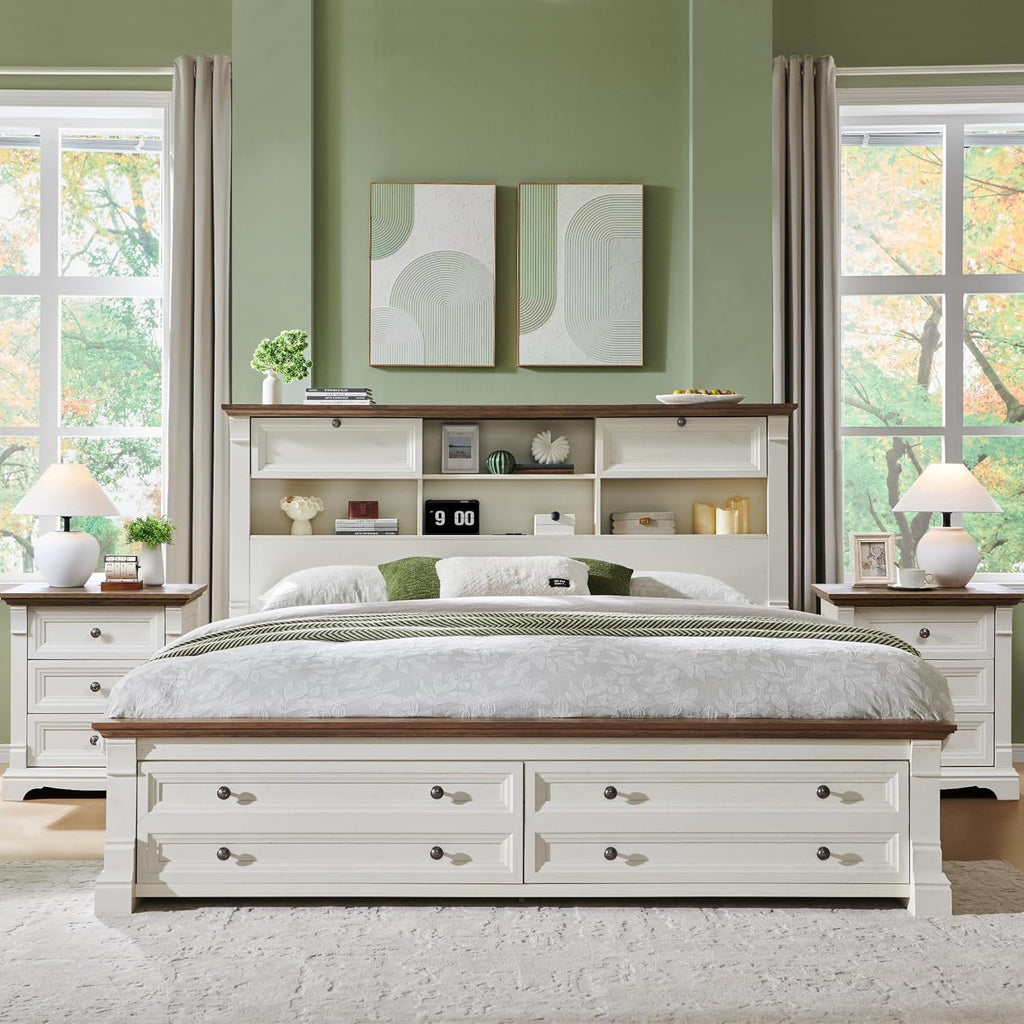 T4TREAM Farmhouse Queen Size Bed Frame with 54' Tall Headboard, Wood Platform Bed Frame with 18' Tall Roman Column Decoration Footboard & 2 Large Storage Drawers, No Box Spring Needed(Antique White)
