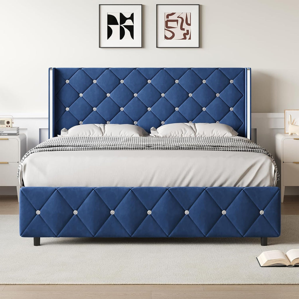 Lullabyre Full Size Bed Frame, Upholstered Bed Frame with Diamond Tufted Headboard, Modern Silverside Wingback, No Box Spring Needed, Easy Assembly, Blue