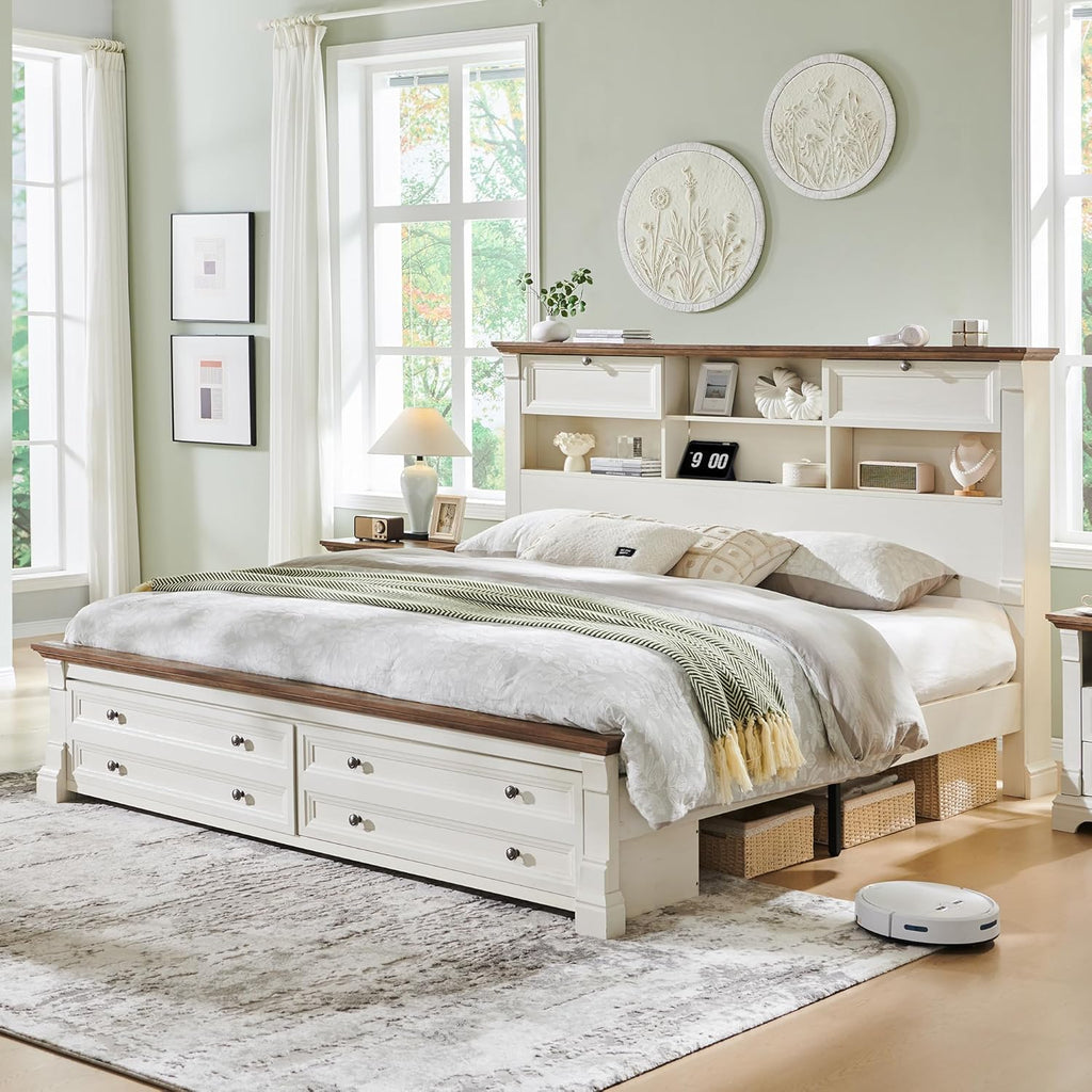 T4TREAM Farmhouse King Size Bed Frame with 54' Tall Headboard, Wood Platform Bed Frame with 18' Tall Roman Column Decoration Footboard & 2 Large Storage Drawers, No Box Spring Needed(Antique White)