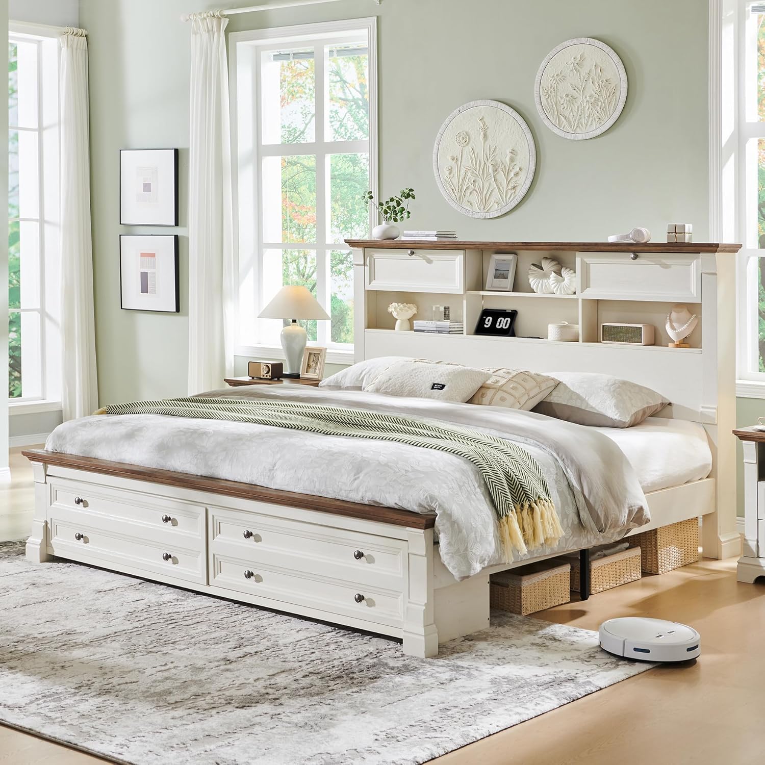 T4TREAM Farmhouse King Size Bed Frame with 54' Tall Headboard, Wood Platform Bed Frame with 18' Tall Roman Column Decoration Footboard & 2 Large Storage Drawers, No Box Spring Needed(Antique White)