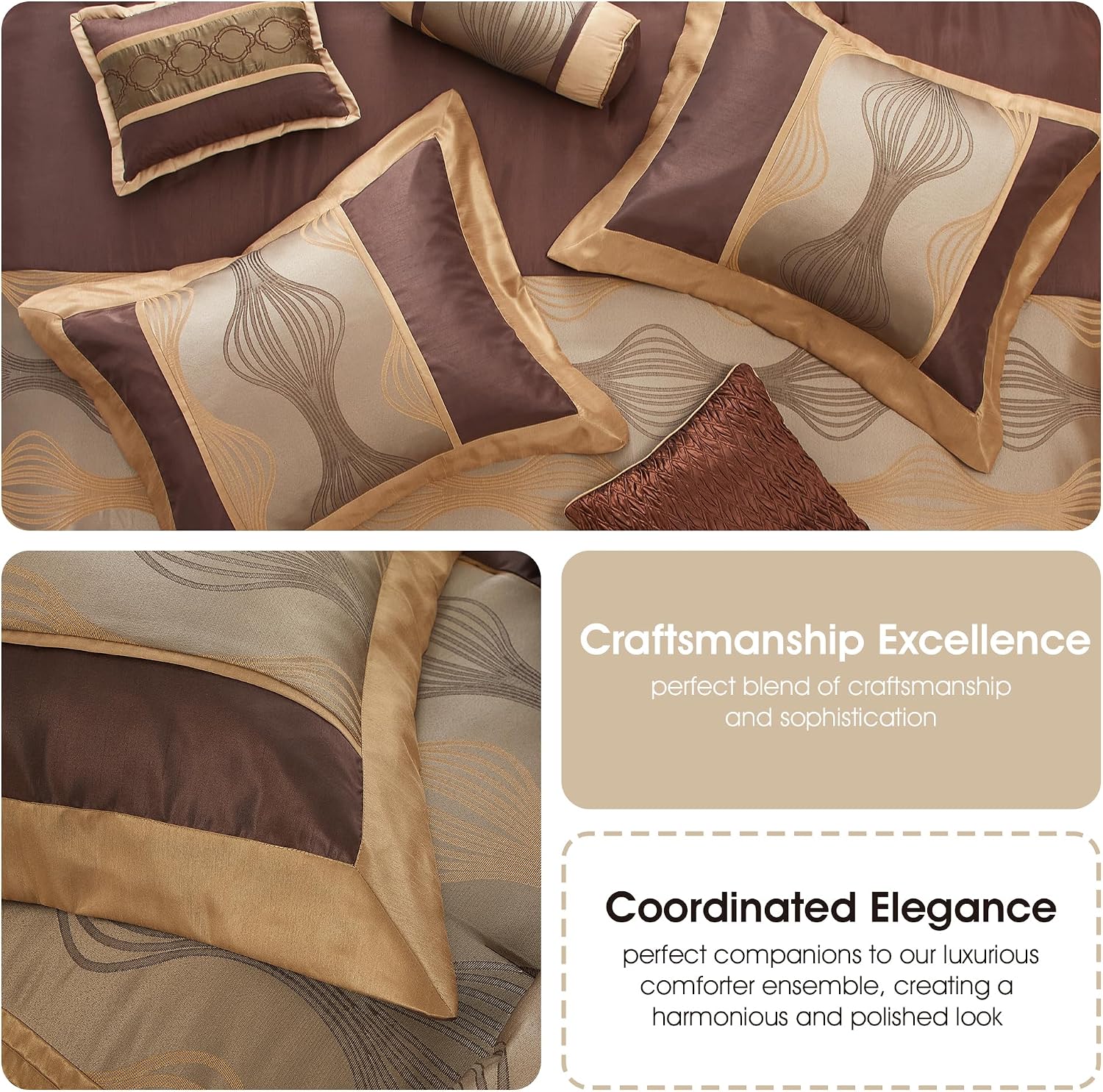 Grand Avenue Elegant Full Bed Comforter Set 7 Piece Bed in a Bag, Jacquard Bedding Set for All Season,Striped, Brown Comforter, Matching Decorative Pillows, Pillow Sham