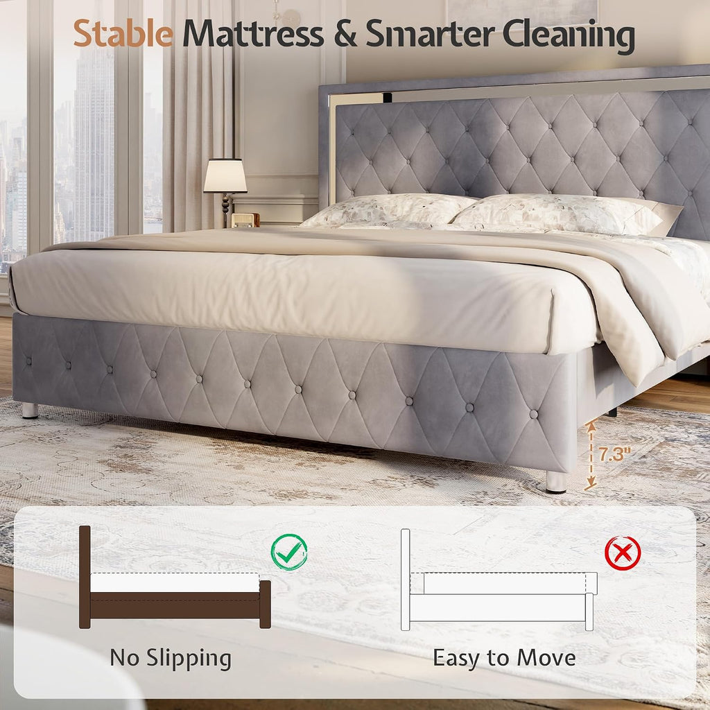 Jocisland Full Bed Frame with LED Lights Headboard&Footboard, Velvet Upholstered Full Size Platform Bed Frame No Box Spring Needed/Light Grey